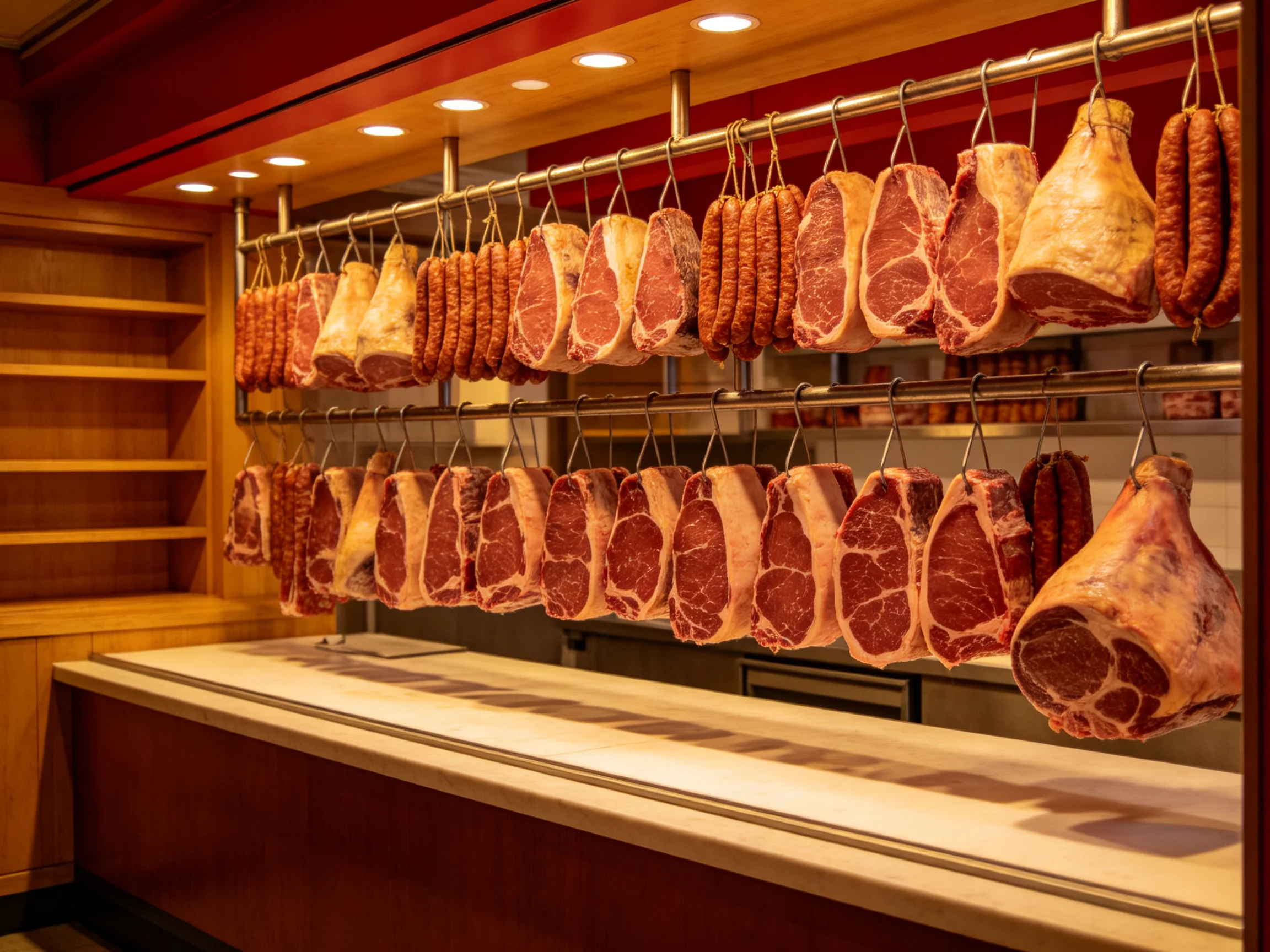 Rows of cured meats and sausages hang in a warmly lit shop