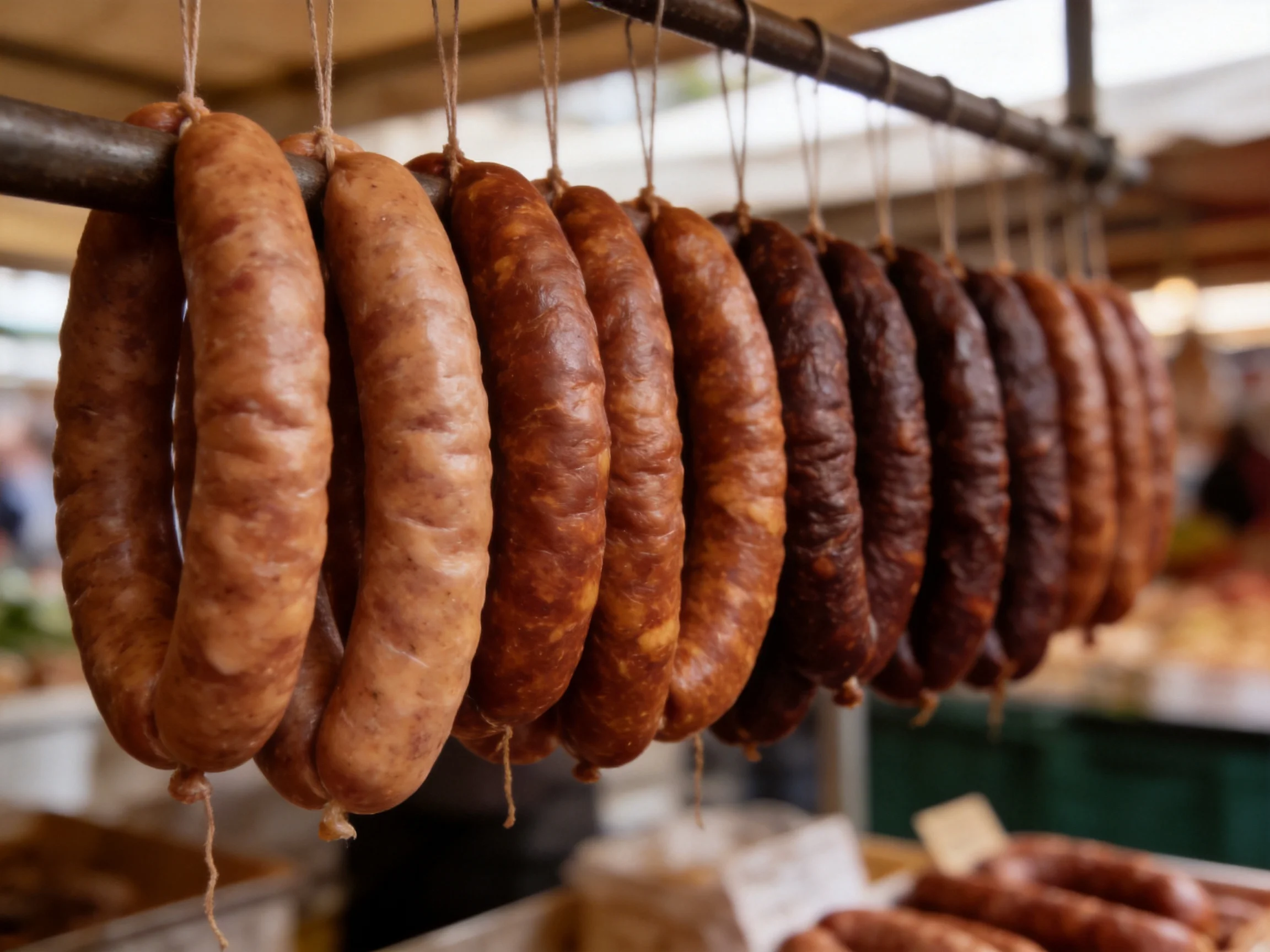 Rows of differently hued smoked sausages hang from a metal rod