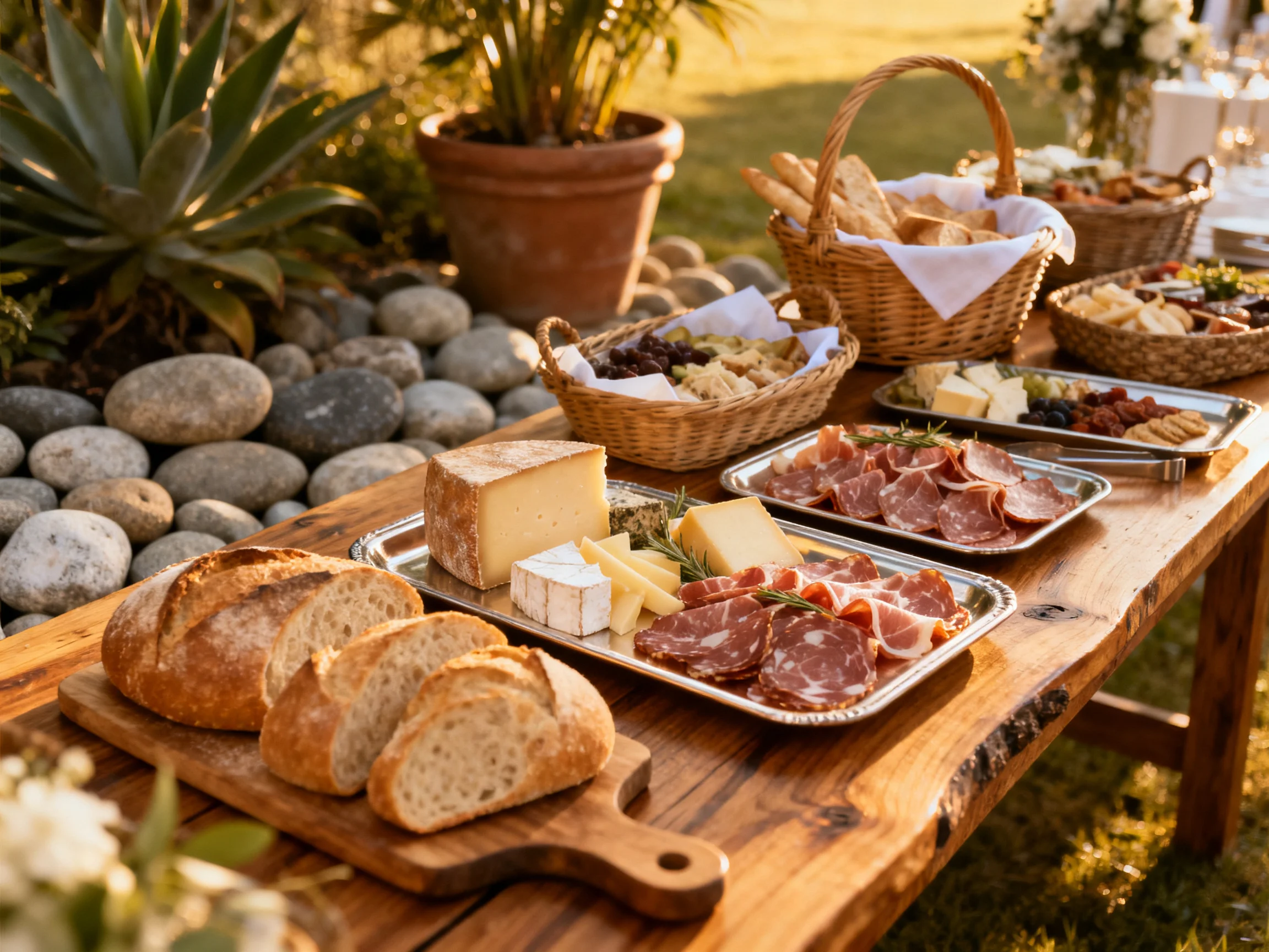 Rustic wooden table presents assorted cheeses, cured meats, and fresh bread in a sunlit garden