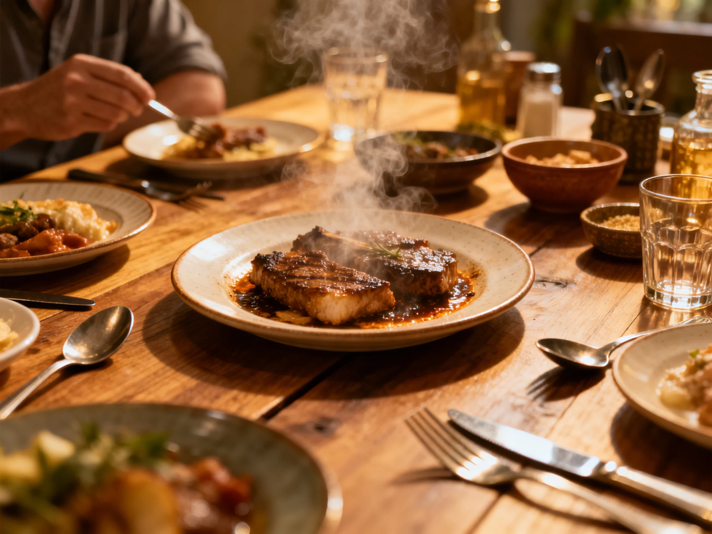 Rustic wooden table with steaming grilled meat and assorted dishes