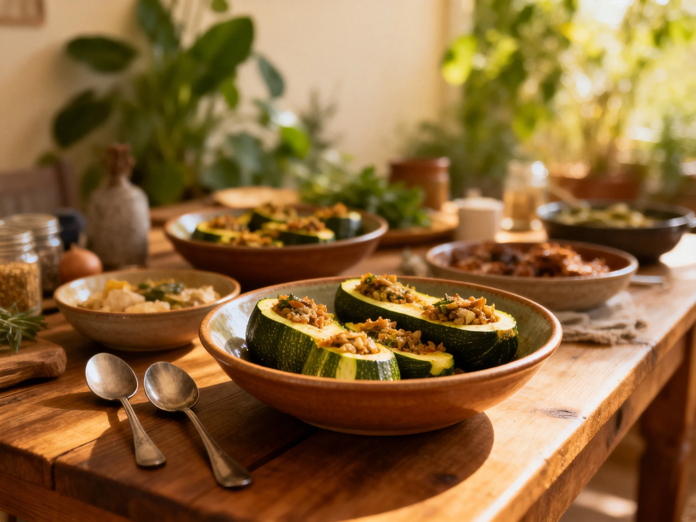 Rustic wooden table with stuffed zucchinis and assorted dishes