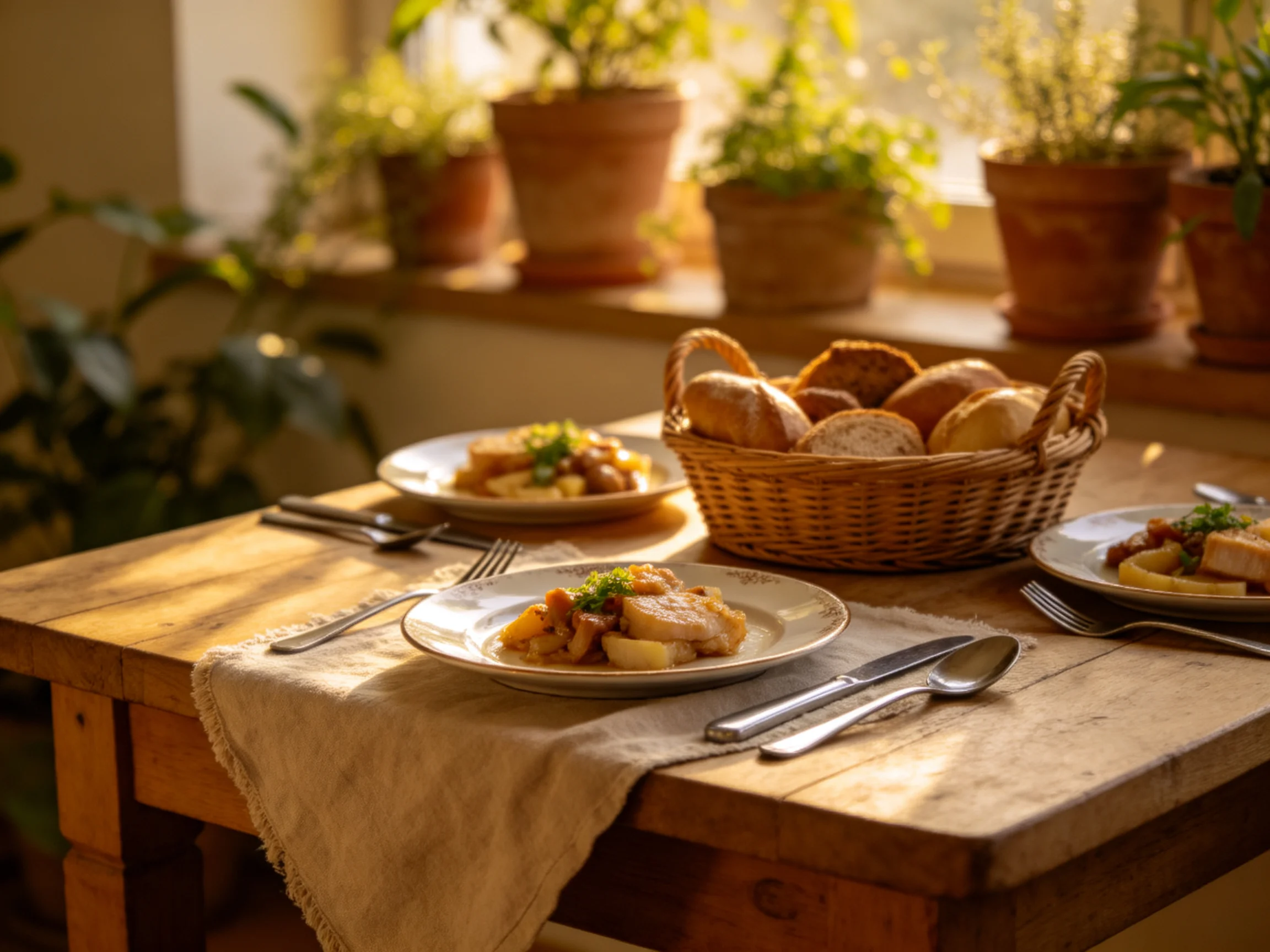 Rustic wooden table with three plates of food near a bread basket