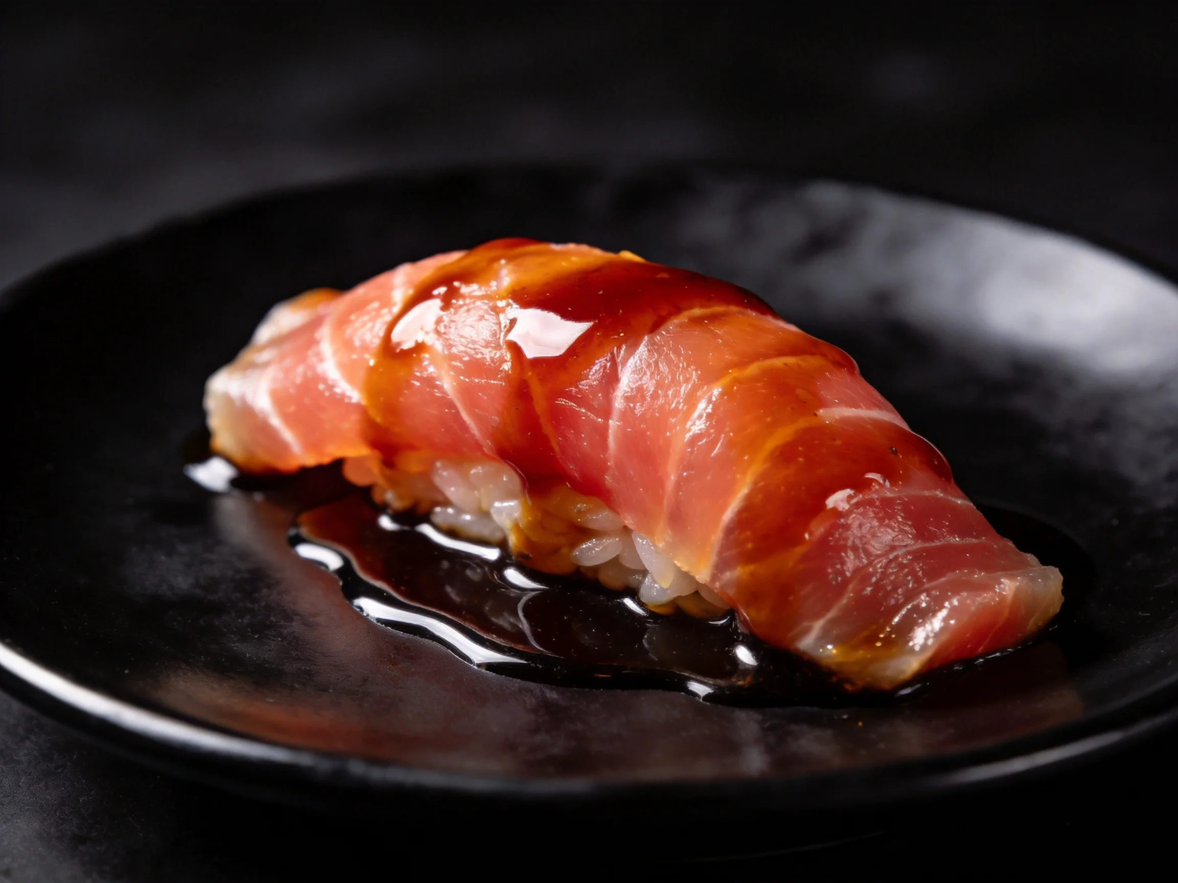 Salmon nigiri sushi with glossy sauce on sleek black plate