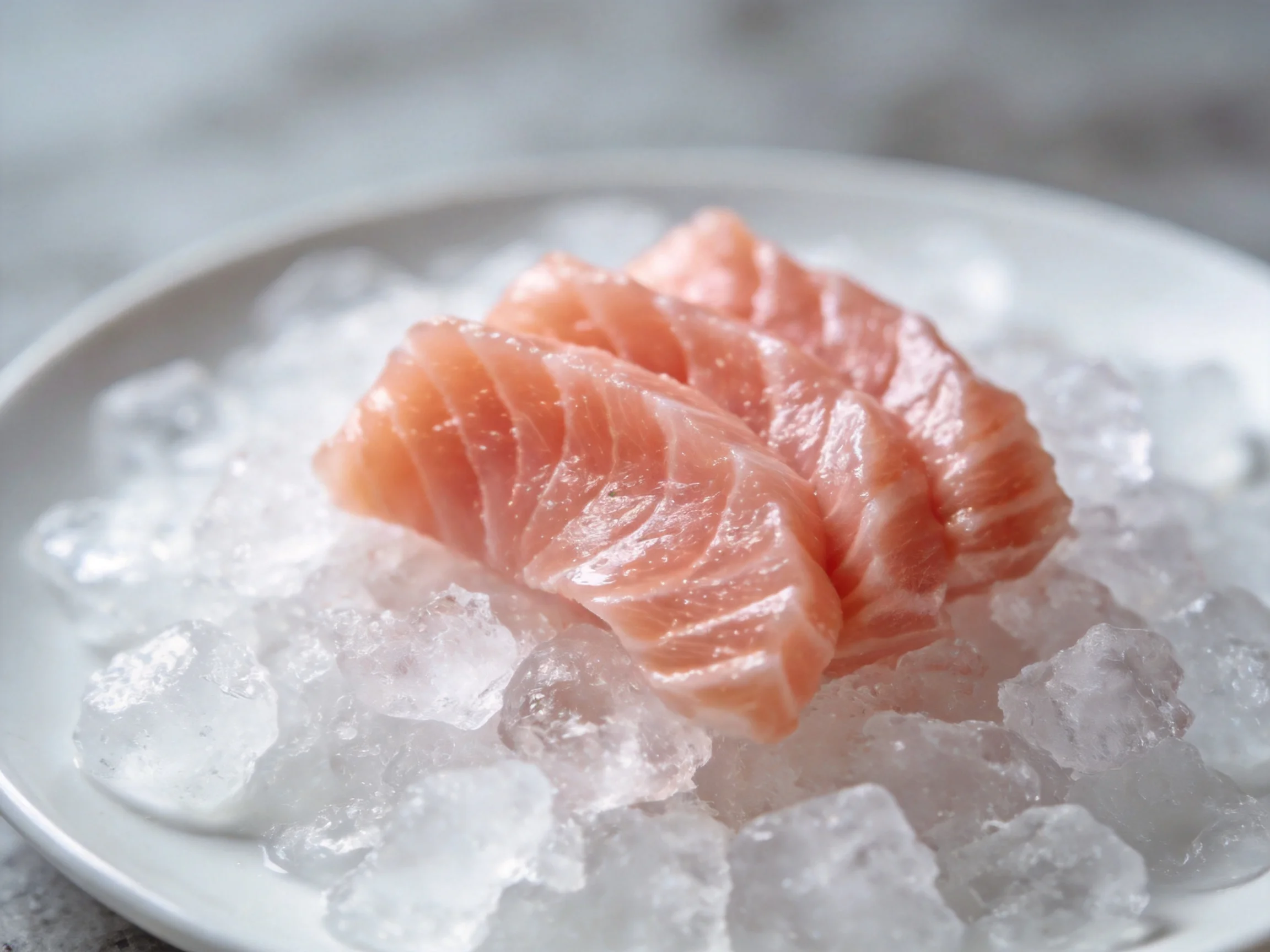 Salmon sashimi slices displayed on crushed ice in a white plate