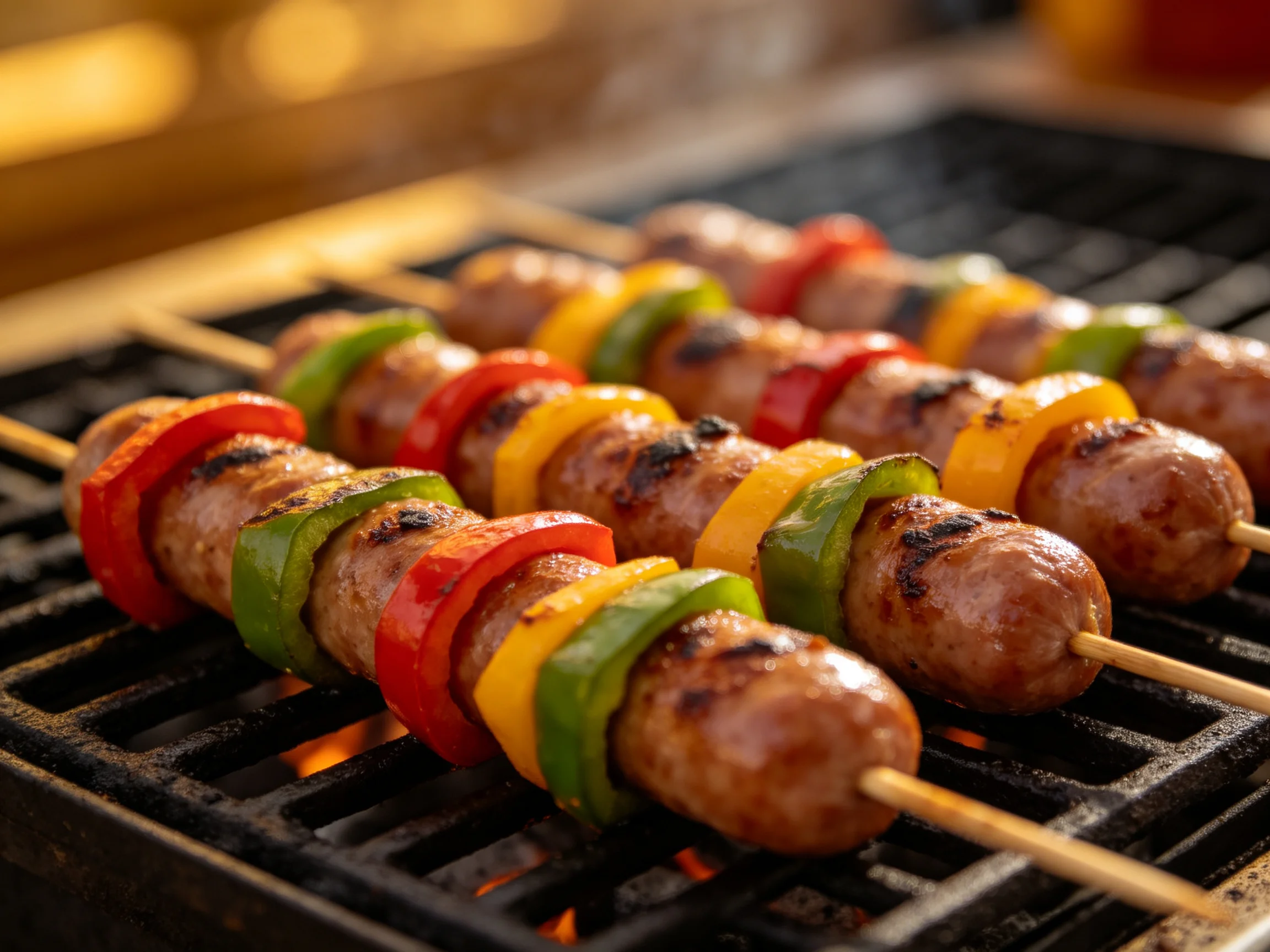 Sausage and pepper skewers grilling on a black barbecue
