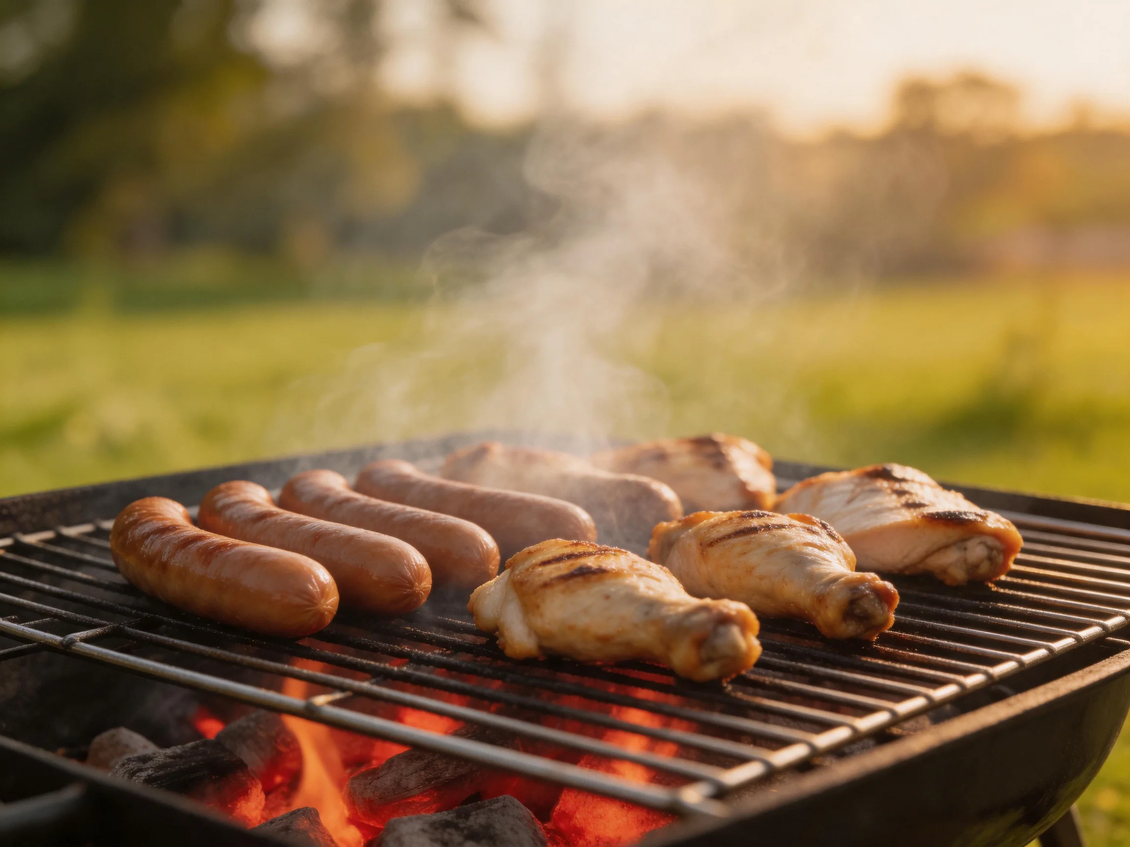 Sausages and chicken grilling on a charcoal barbecue outdoors