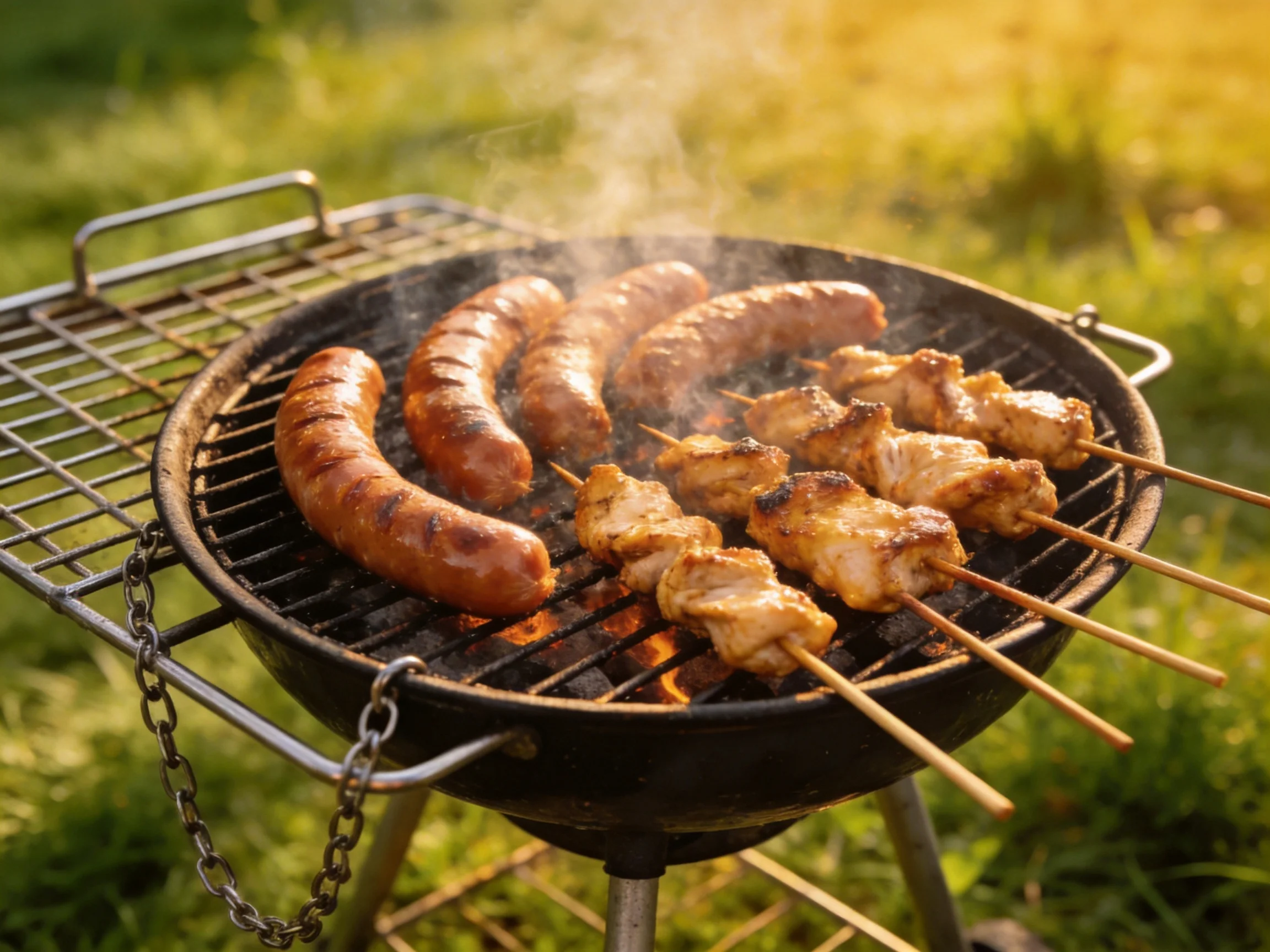 Sausages and chicken skewers grilling on an outdoor charcoal barbecue
