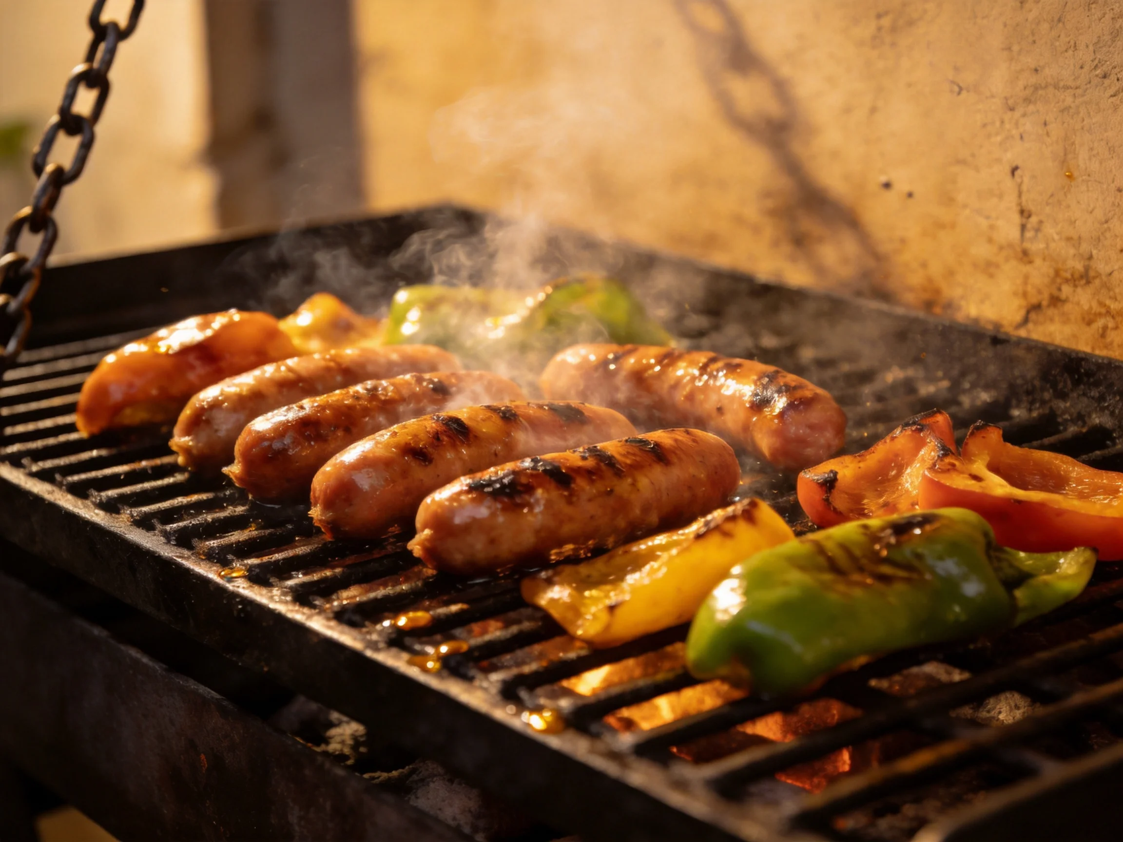 Sausages and multicolored peppers grilling on a black outdoor barbecue