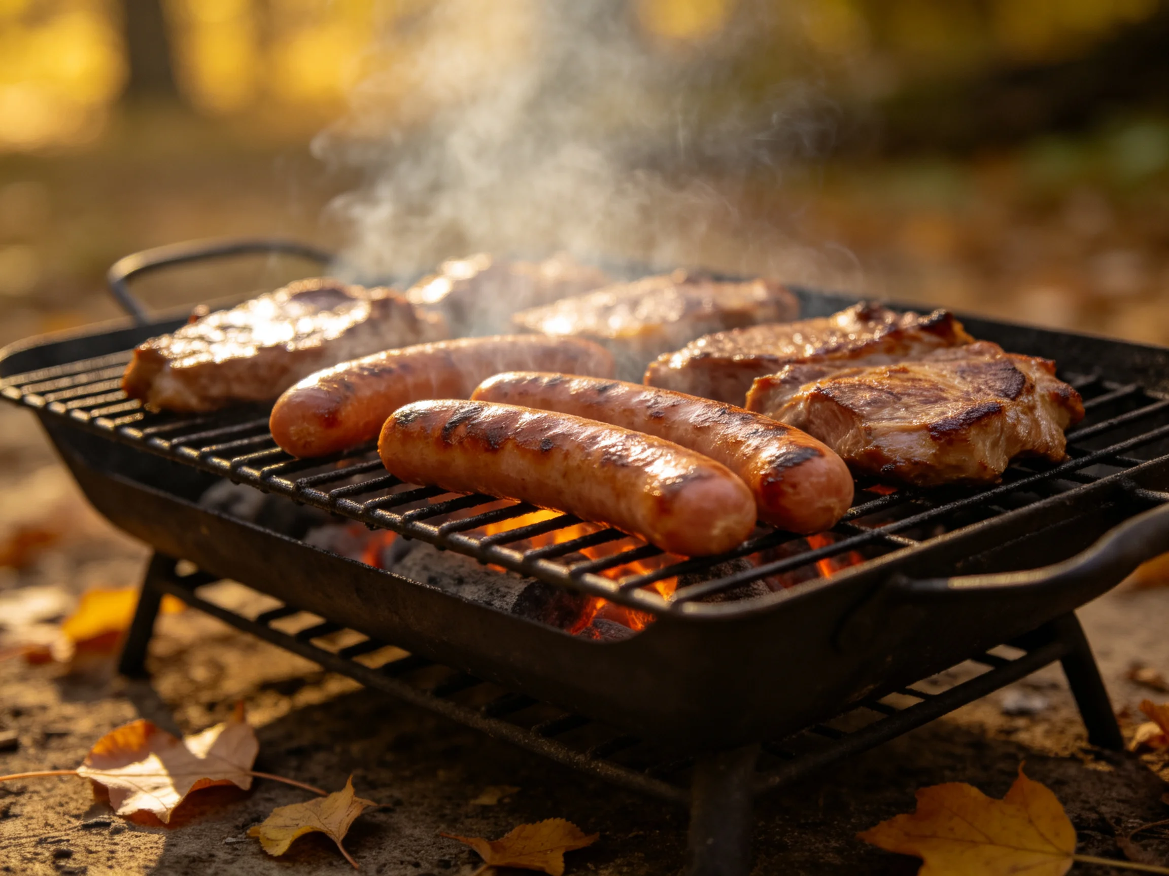 Sausages and steaks sizzle on a black cast iron grill amid golden foliage