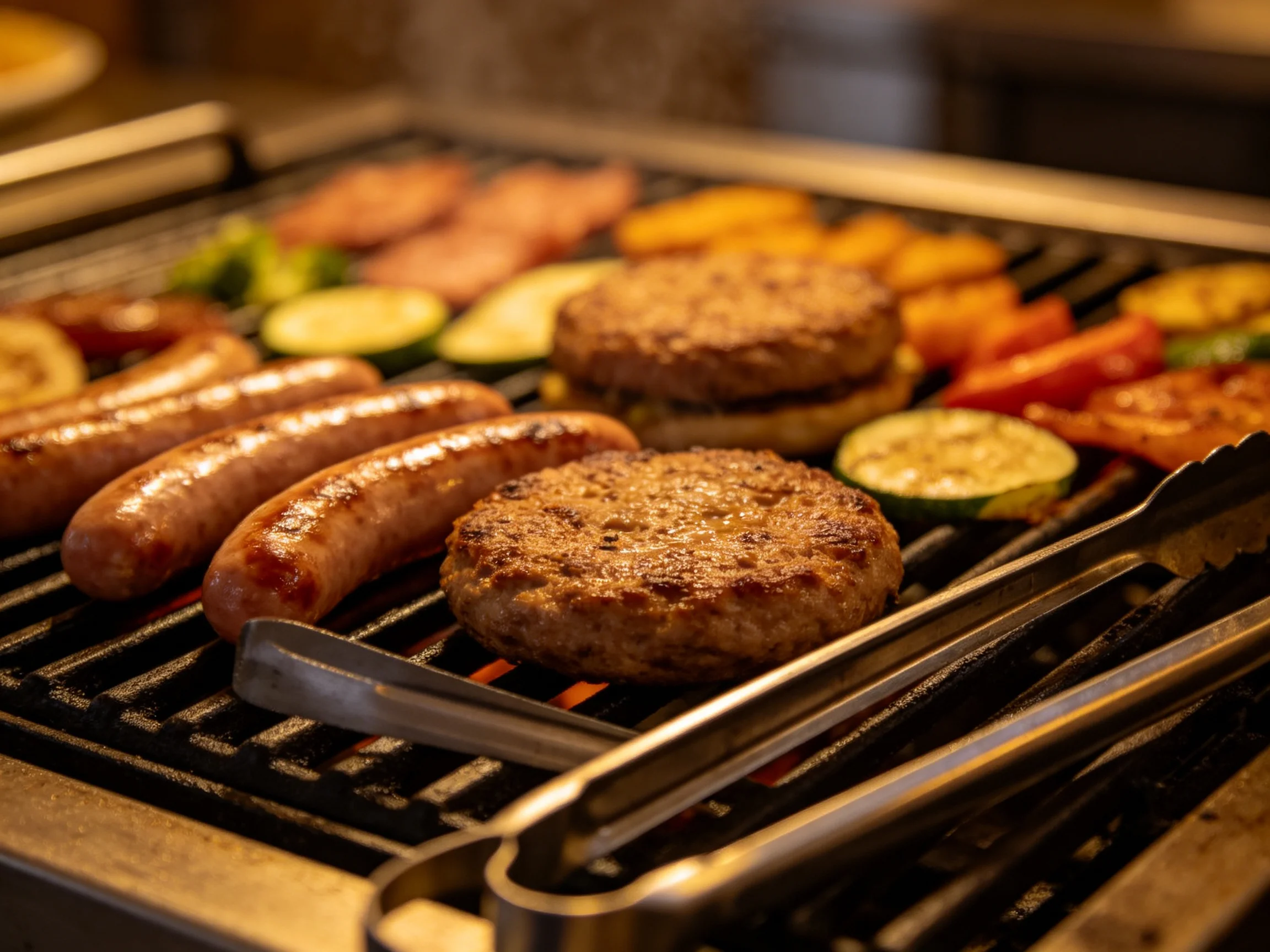 Sausages, burger patties, and colorful veggies sizzle on a hot grill