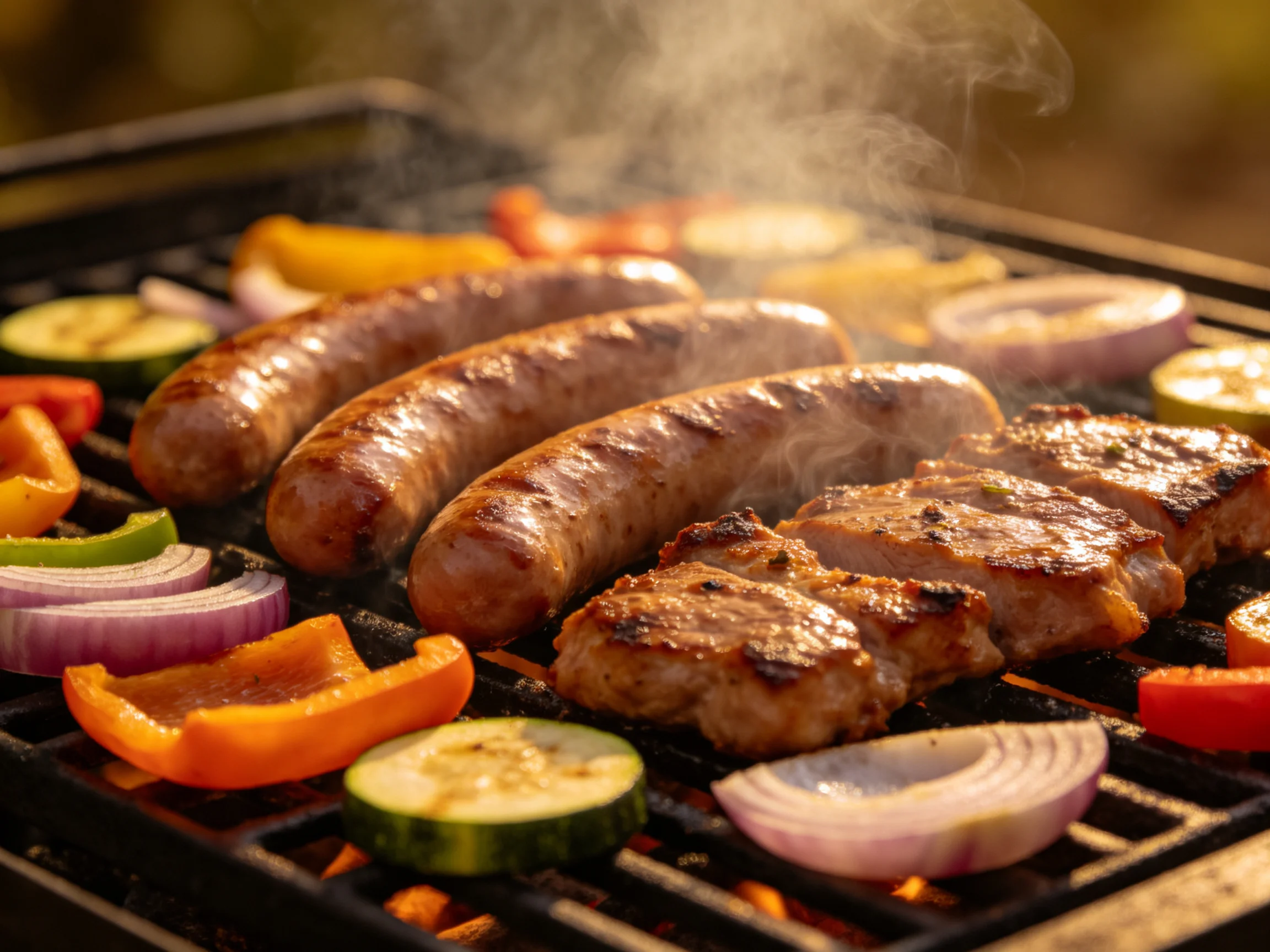 Sausages, grilled meats, and colorful vegetables sizzle on a hot grill
