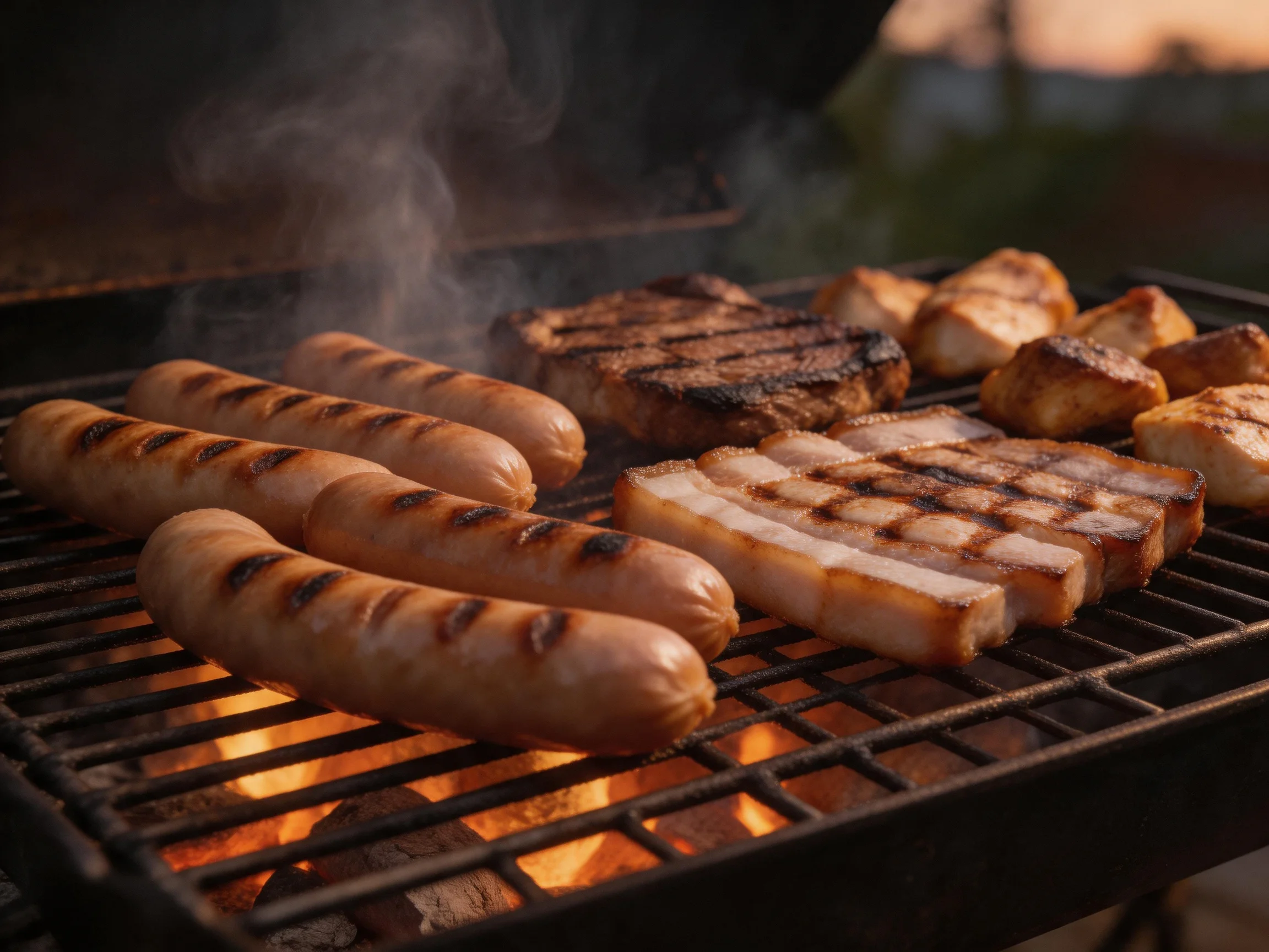 Sausages, steak, and bacon barbecue over open flames