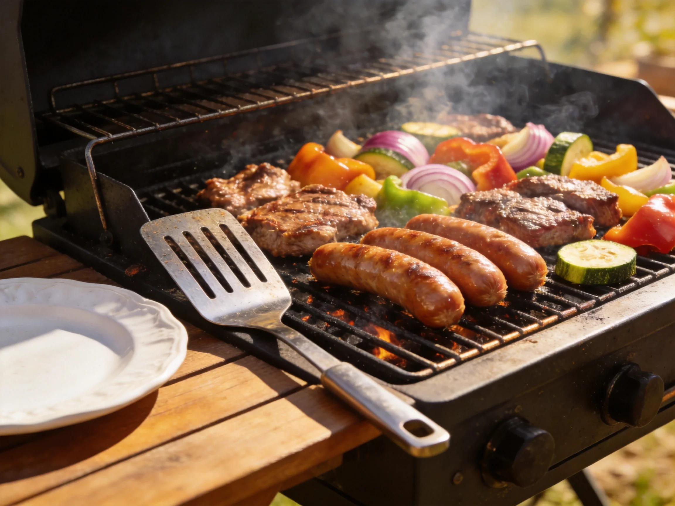 Sausages, steaks, and colorful vegetables barbecue on a black charcoal grill