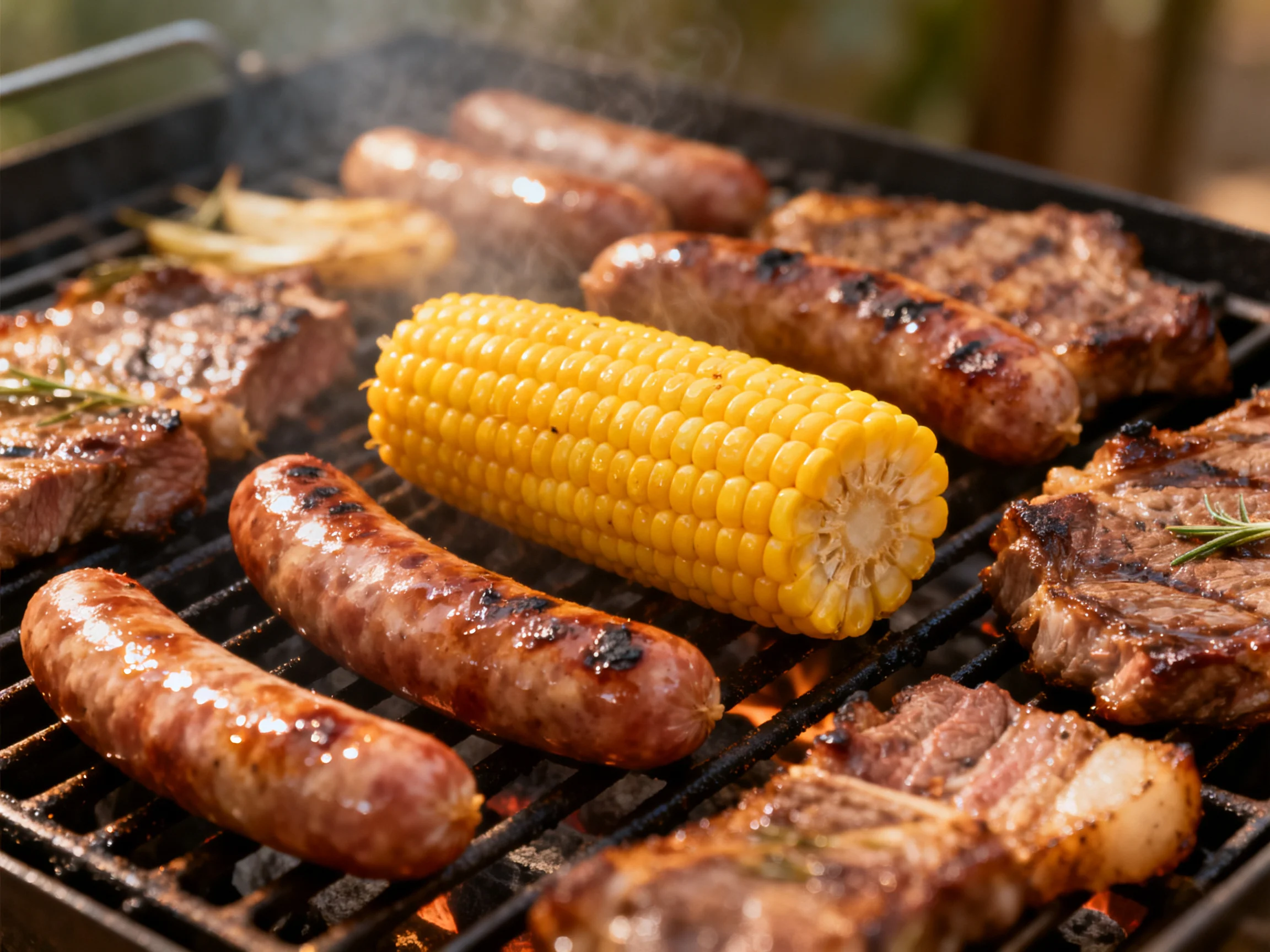 Sausages, steaks, and corn grilling on a barbecue