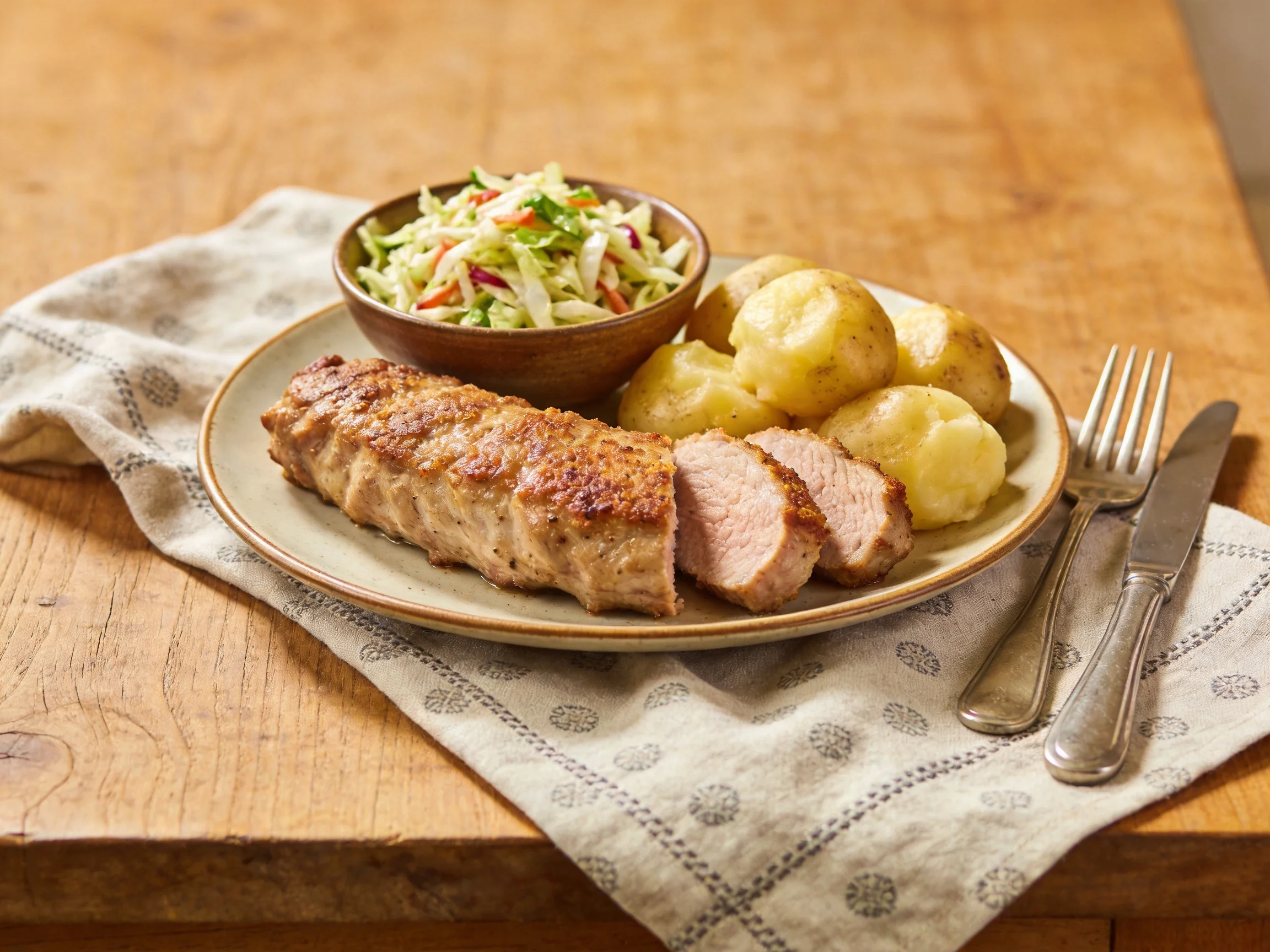Savory Pork Tenderloin with Boiled Potatoes and Coleslaw