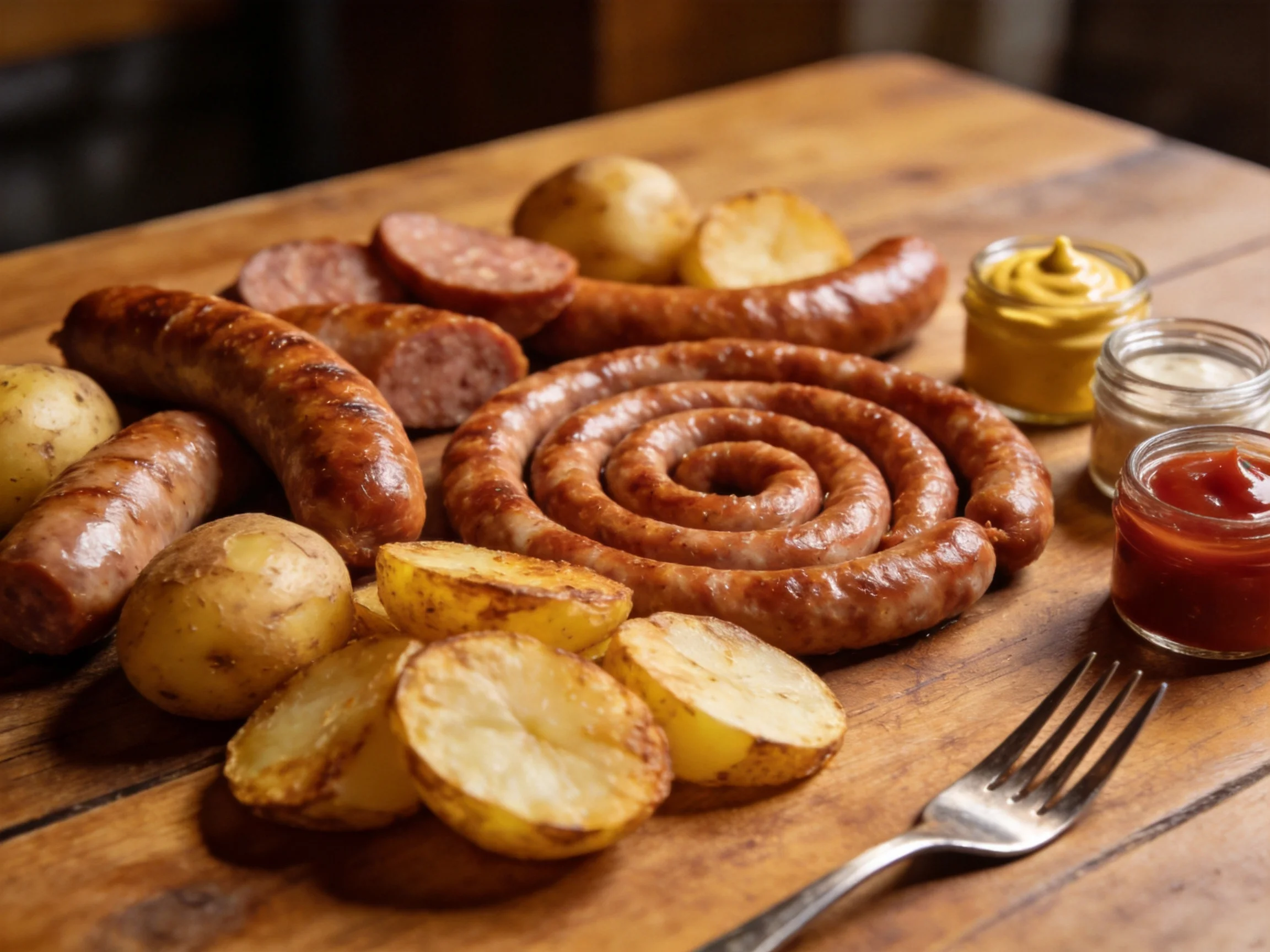 Savory Sausage Platter with Roasted Potatoes and Condiment Jars