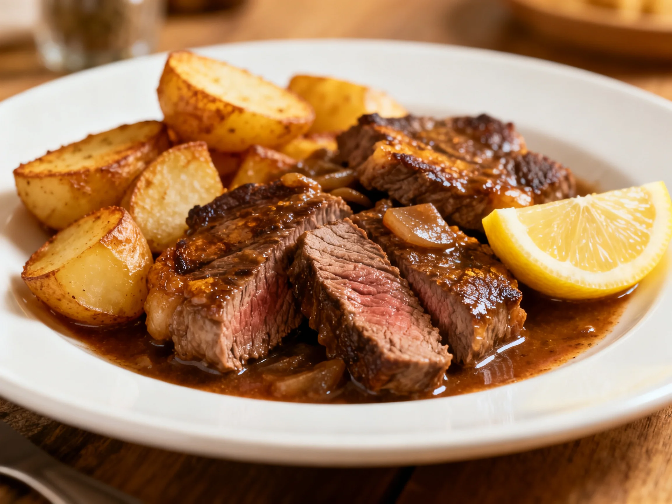 Savory Steak with Roasted Potatoes and Lemon Wedge