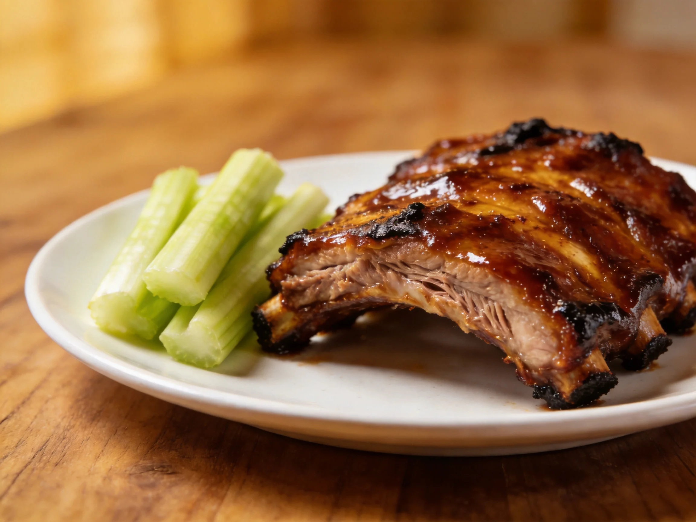 Savory barbecued ribs glazed with sauce served alongside celery stalks