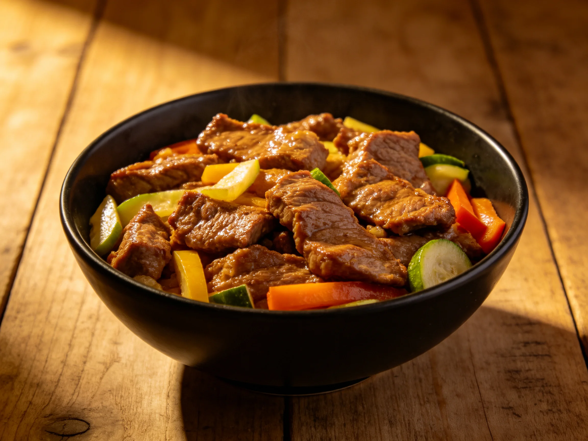 Savory beef Stir - Fry with Mixed Vegetables in a Black Bowl