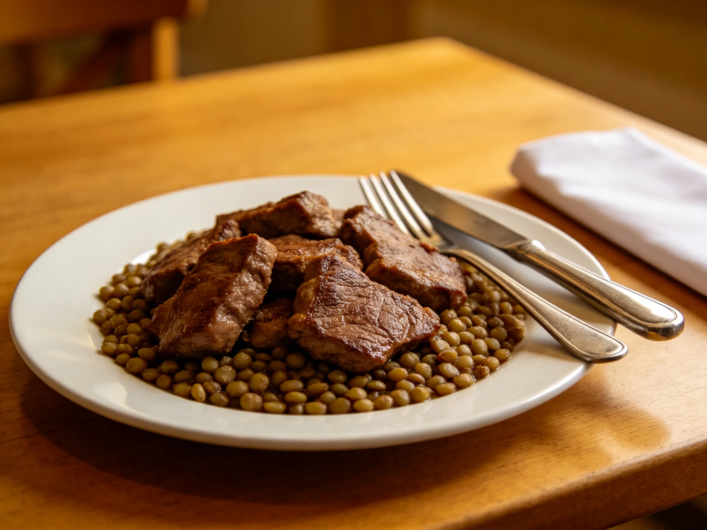 Savory beef chunks atop green lentils on a wooden table