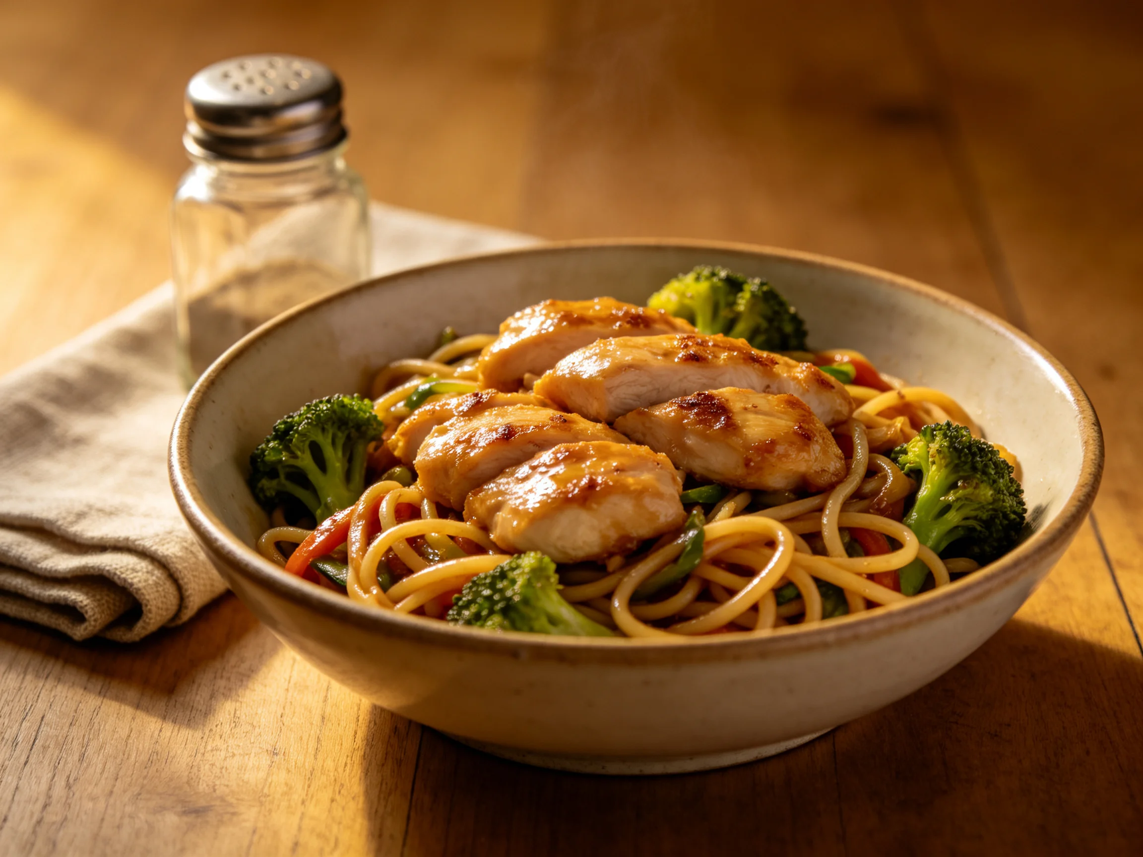 Savory chicken stir - fry with noodles, broccoli, and vegetables in a ceramic bowl