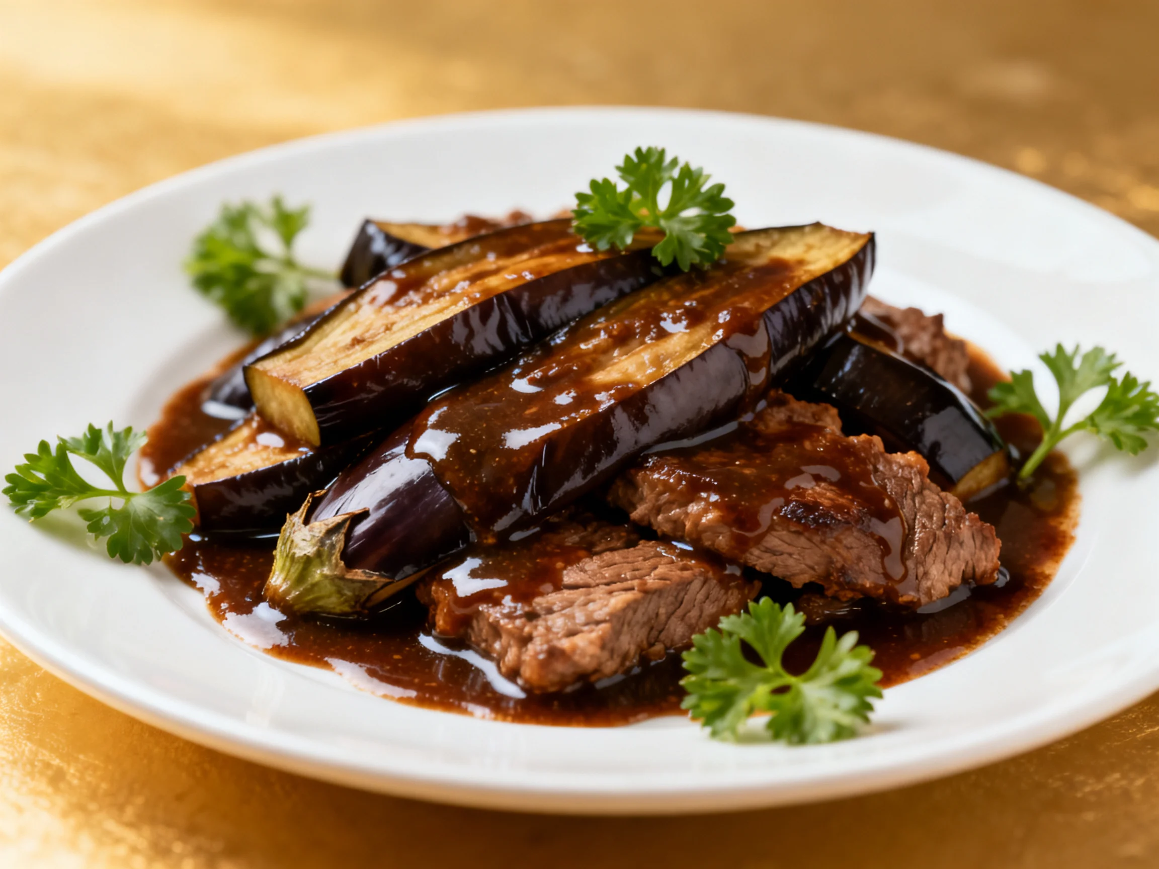 Savory grilled eggplant and tender beef with glossy brown sauce