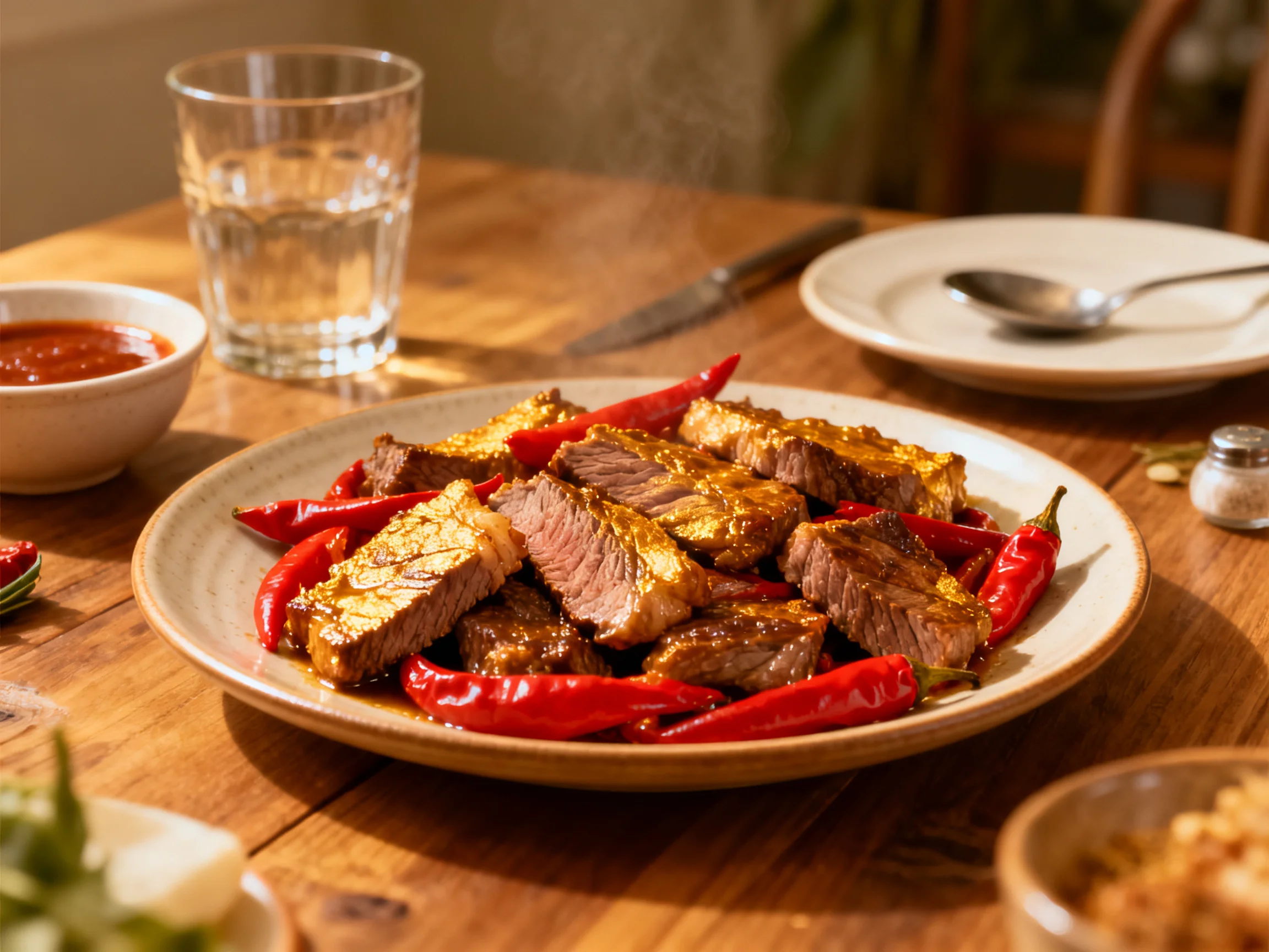 Savory grilled steak slices with vibrant red chili peppers on a wooden table
