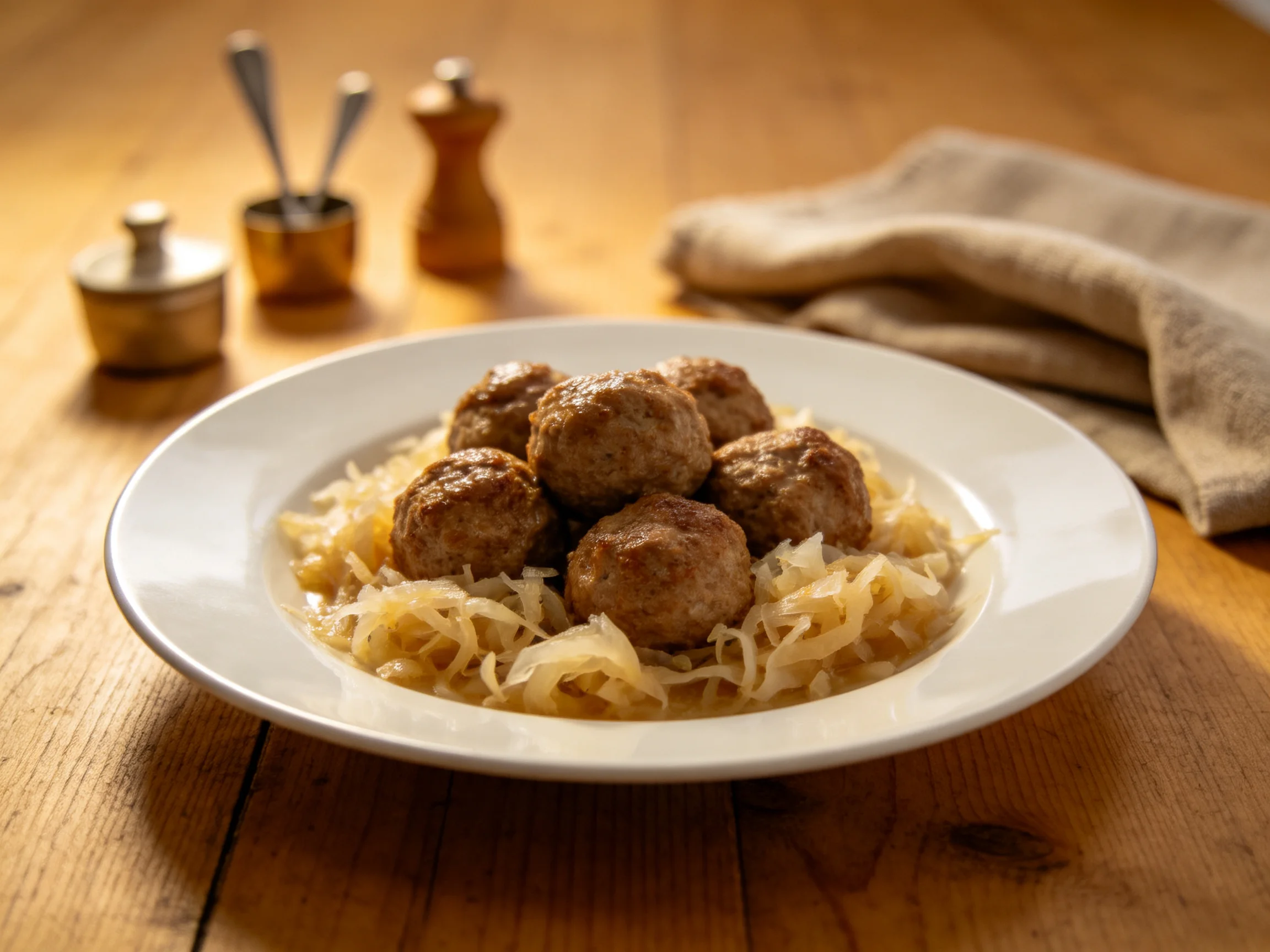 Savory meatballs atop sauerkraut with rustic kitchen backdrop
