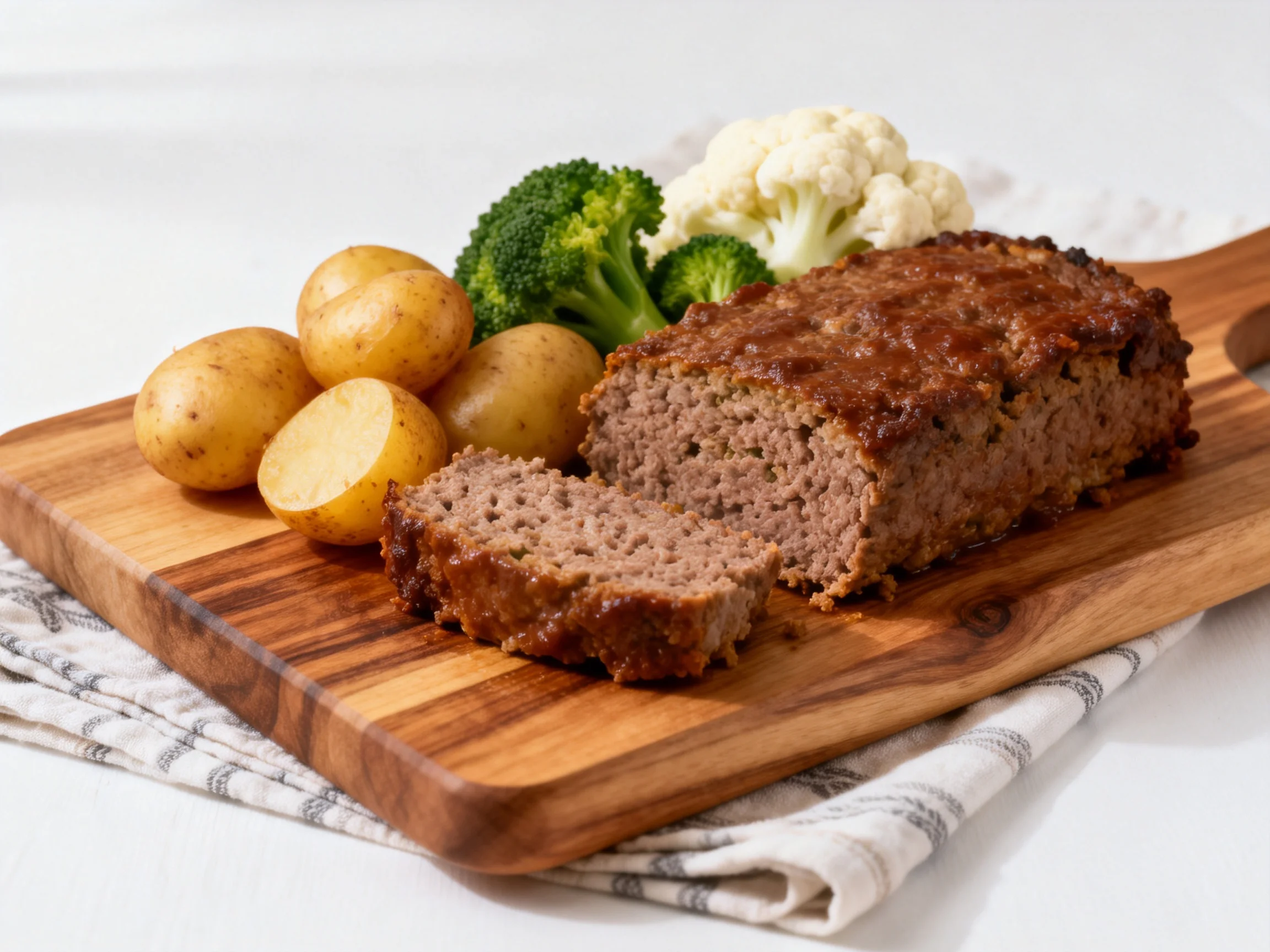 Savory meatloaf with baby potatoes, broccoli, and cauliflower on a wooden cutting board