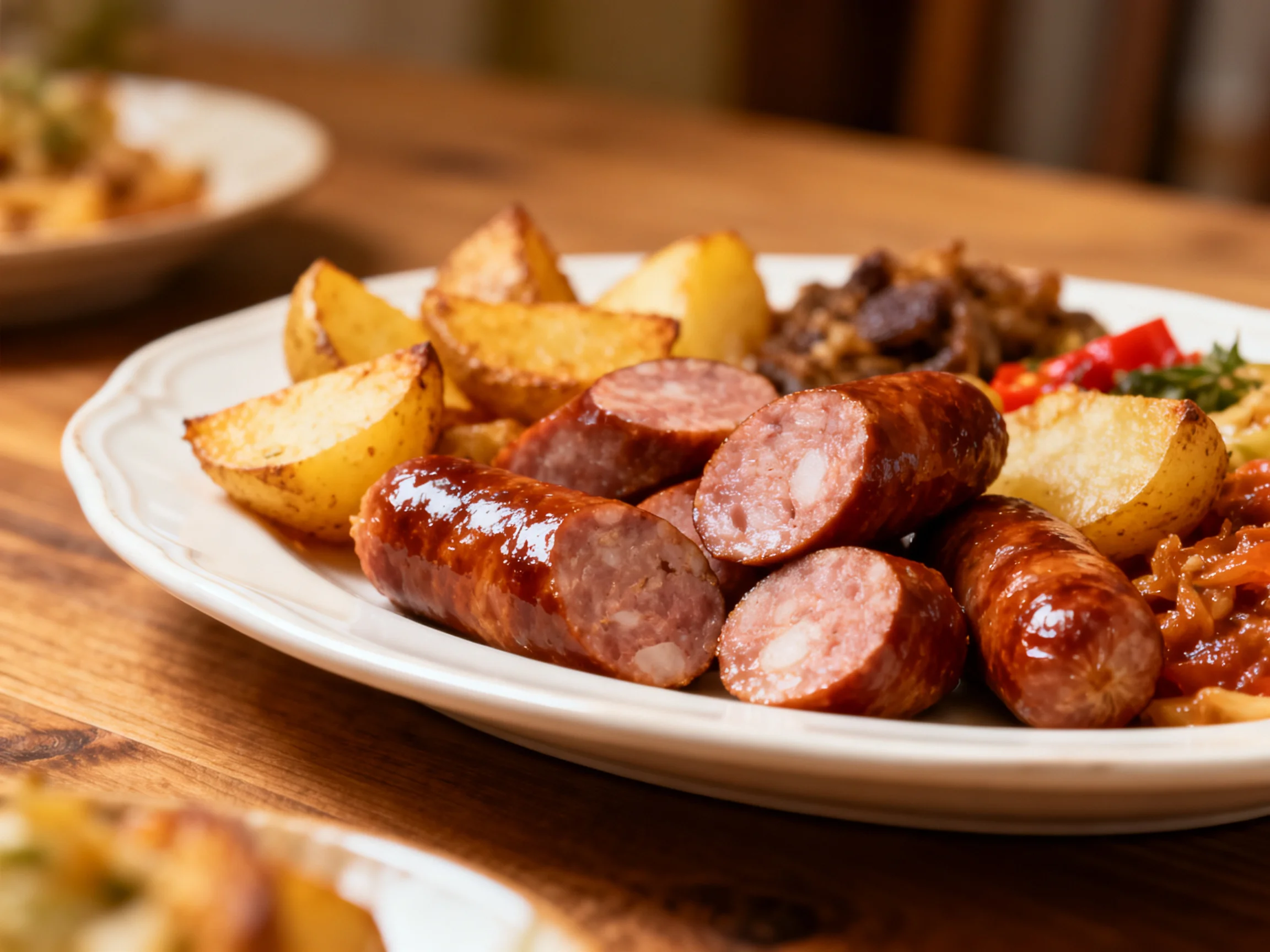 Savory platter with grilled sausages, golden potatoes, and mixed sides