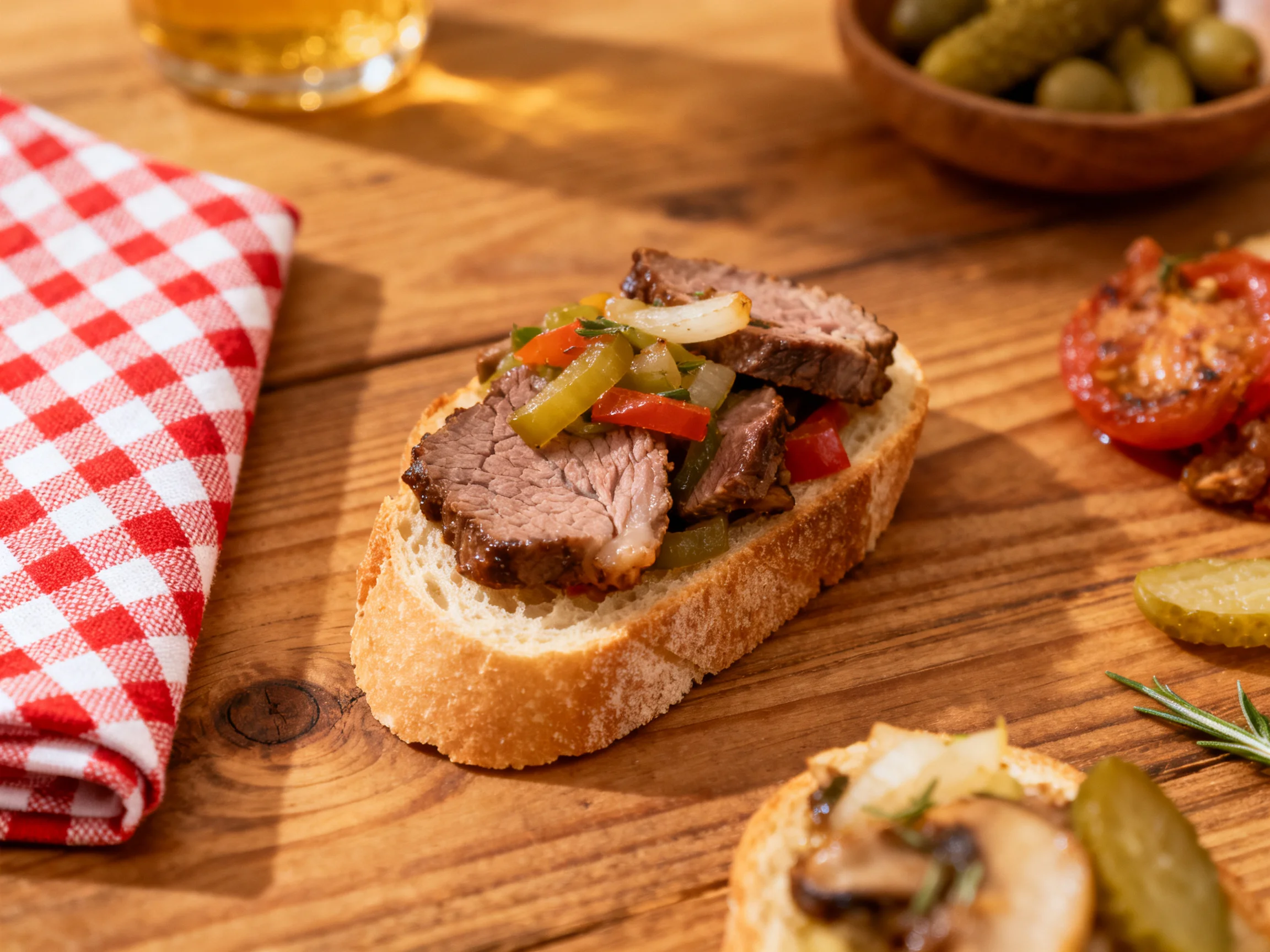Savory roast beef and pepper bruschetta on crusty bread