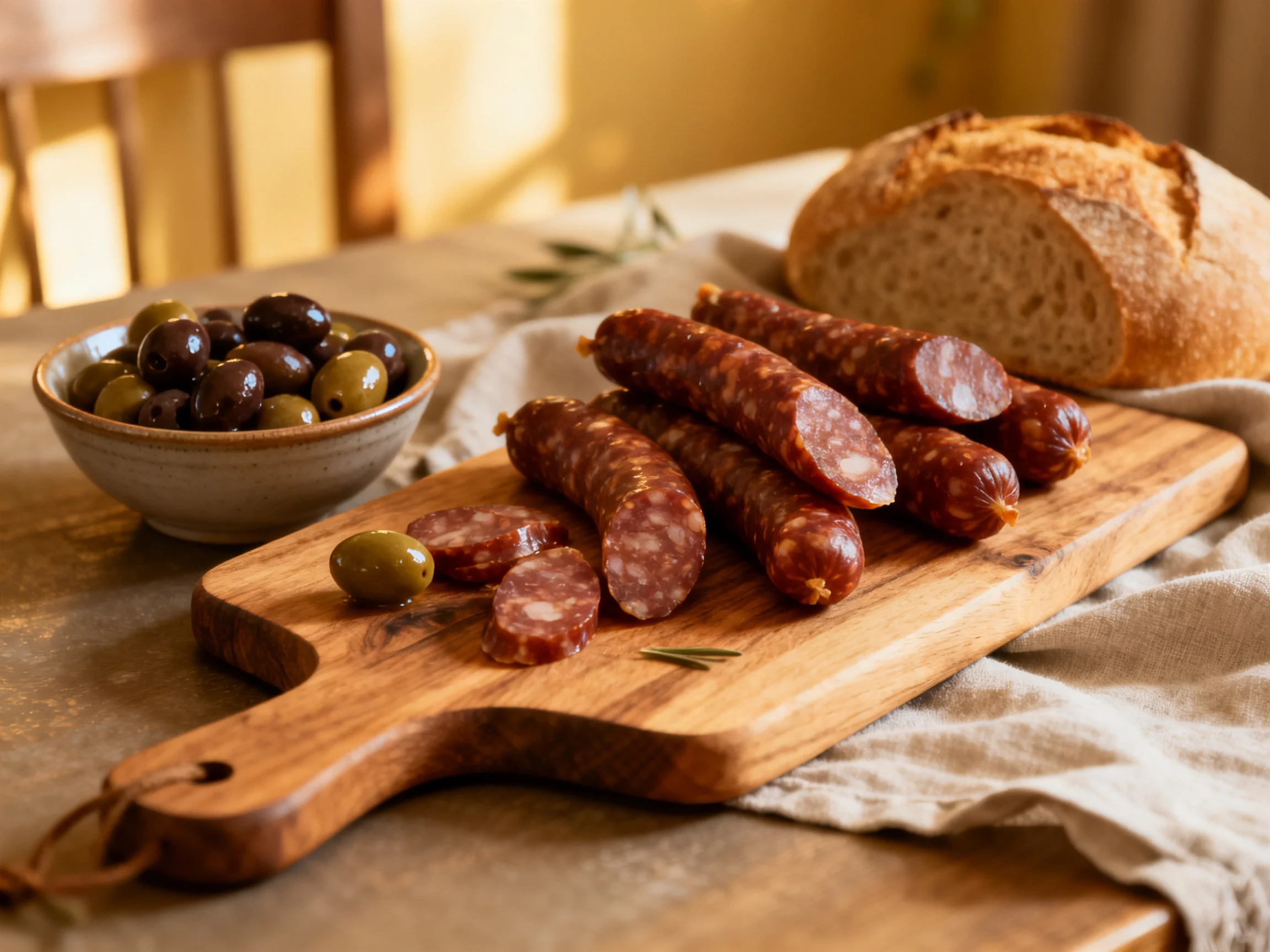 Savory sliced sausage, crusty bread, and mixed olives on a wooden board