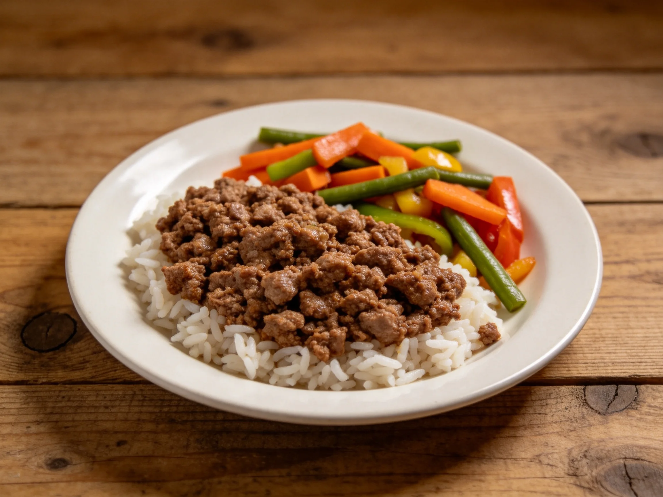 Seasoned ground beef over white rice with colorful stir - fry vegetables