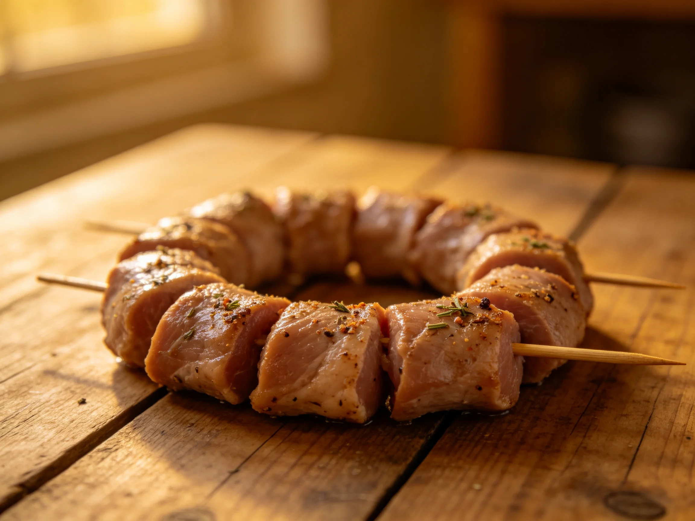 Seasoned pork skewers arranged in a circular formation on a wooden table