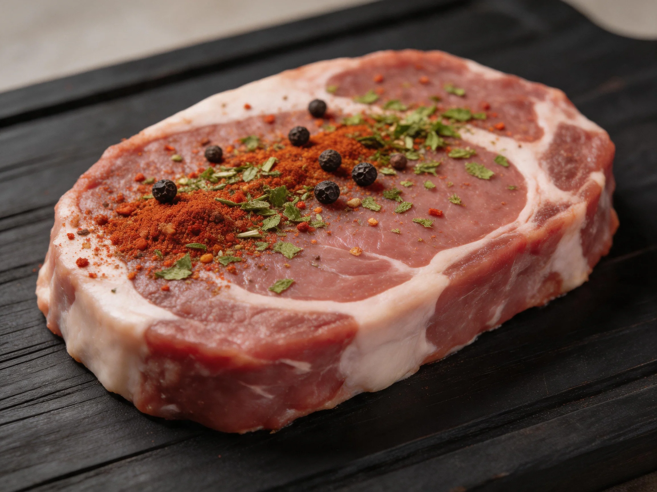 Seasoned raw pork chop with red spice and herbs on a black cutting board