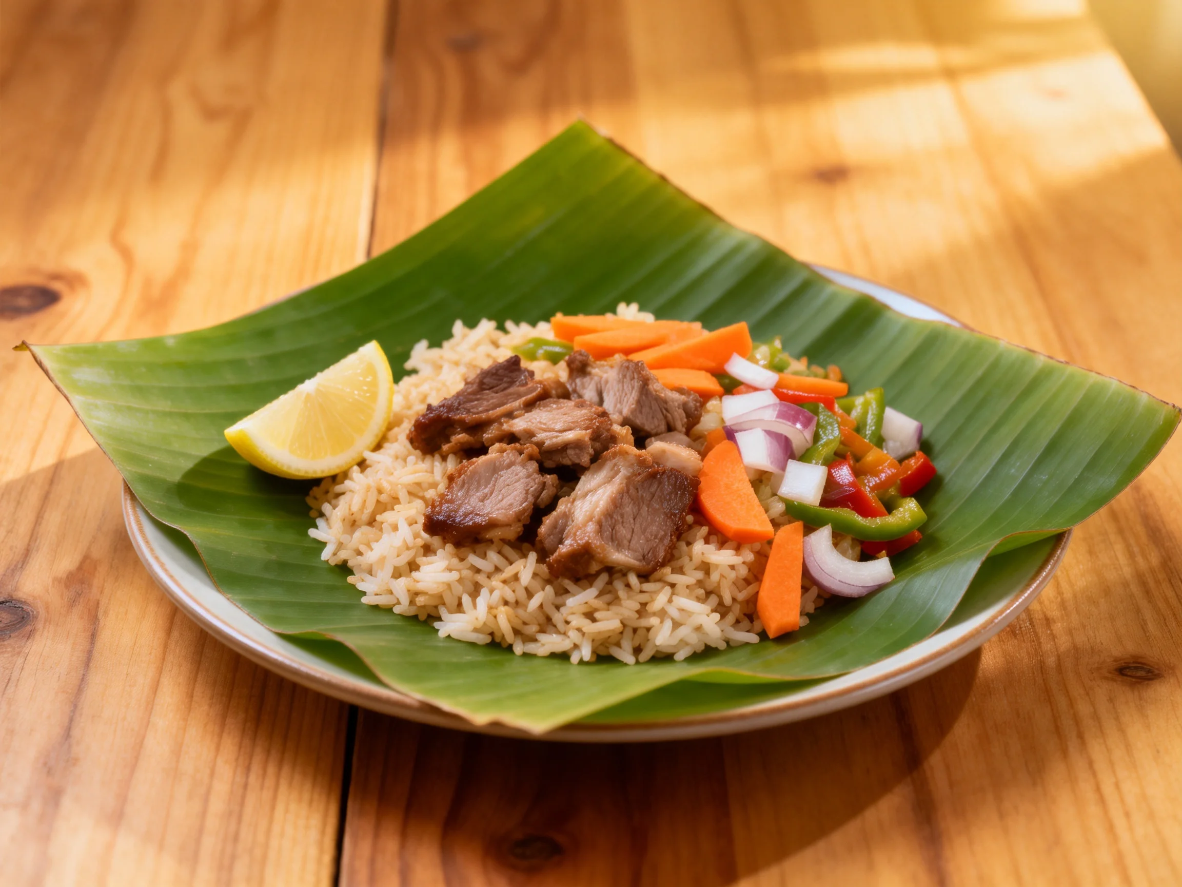 Seasoned rice, grilled meat, and mixed vegetables served on a banana leaf with a lemon wedge