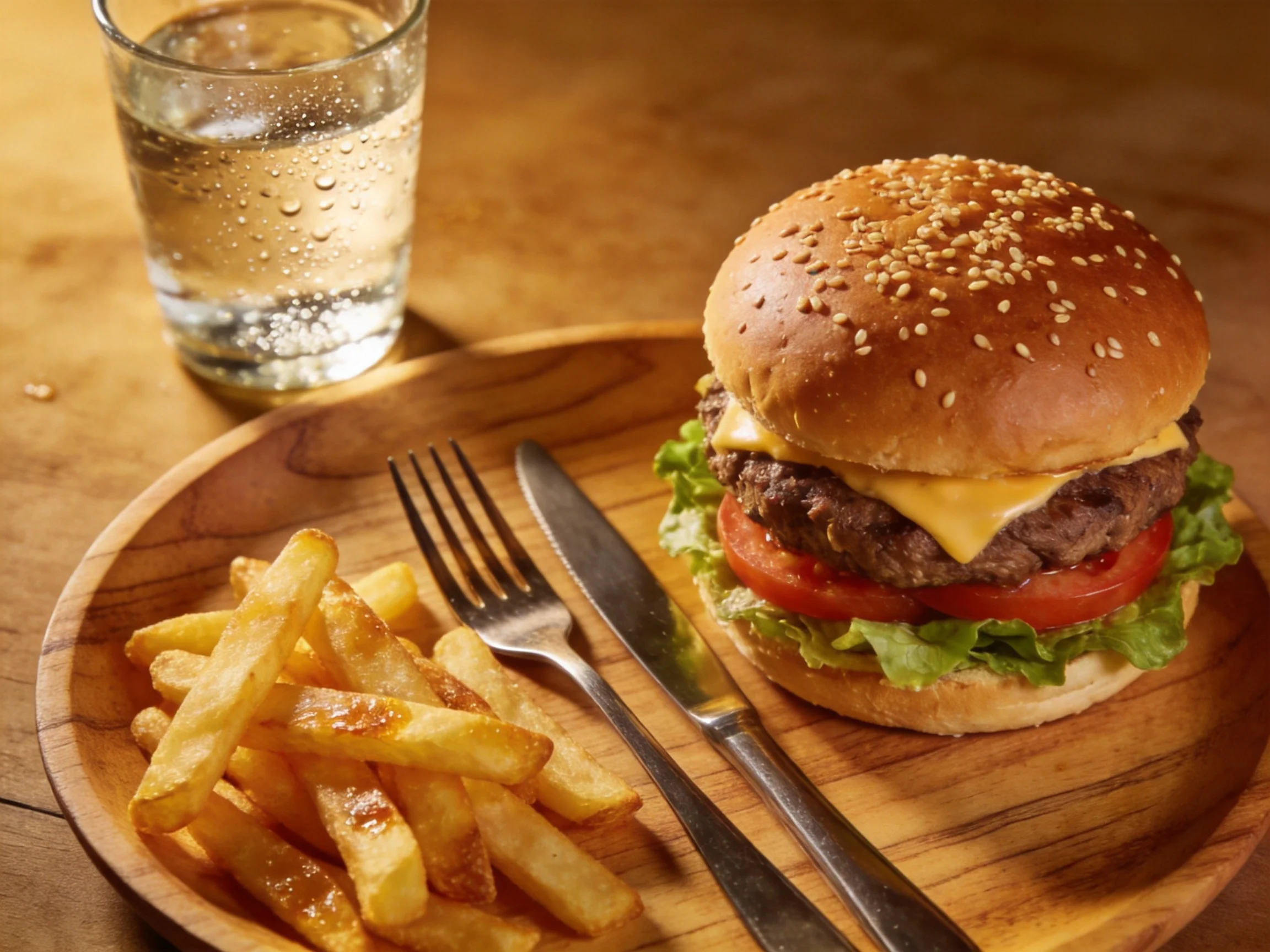 Sesame Seed Burger, Golden Fries, and Water Glass on Wooden Platter