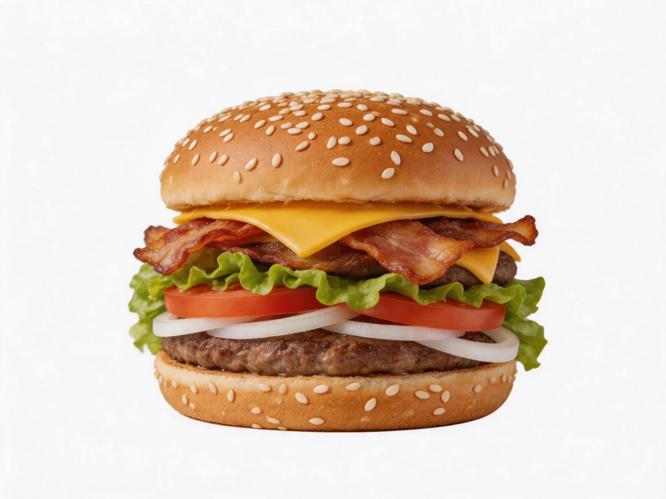 Sesame Seed Burger with Cheese, Bacon, Lettuce, Tomato, Onion, and Beef Patties