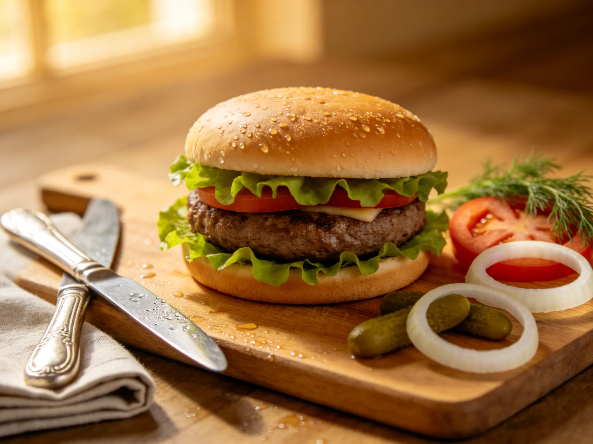 Sesame Seed Burger with Fresh Toppings on Wooden Board