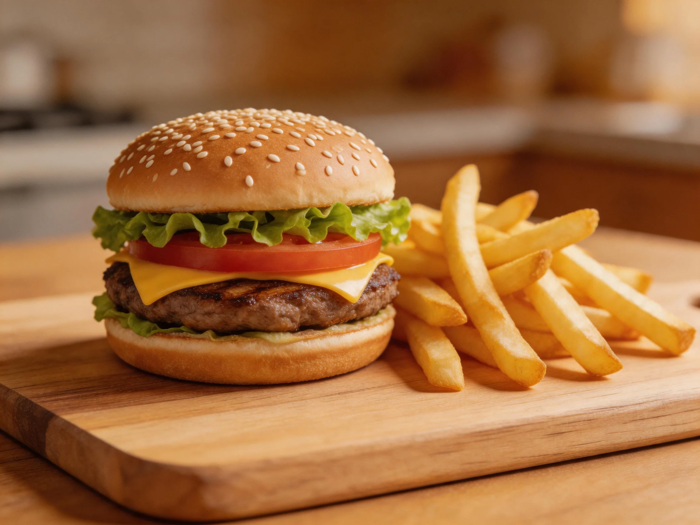 Sesame Seed Burger with Lettuce, Tomato, Cheese Beside Crispy French Fries