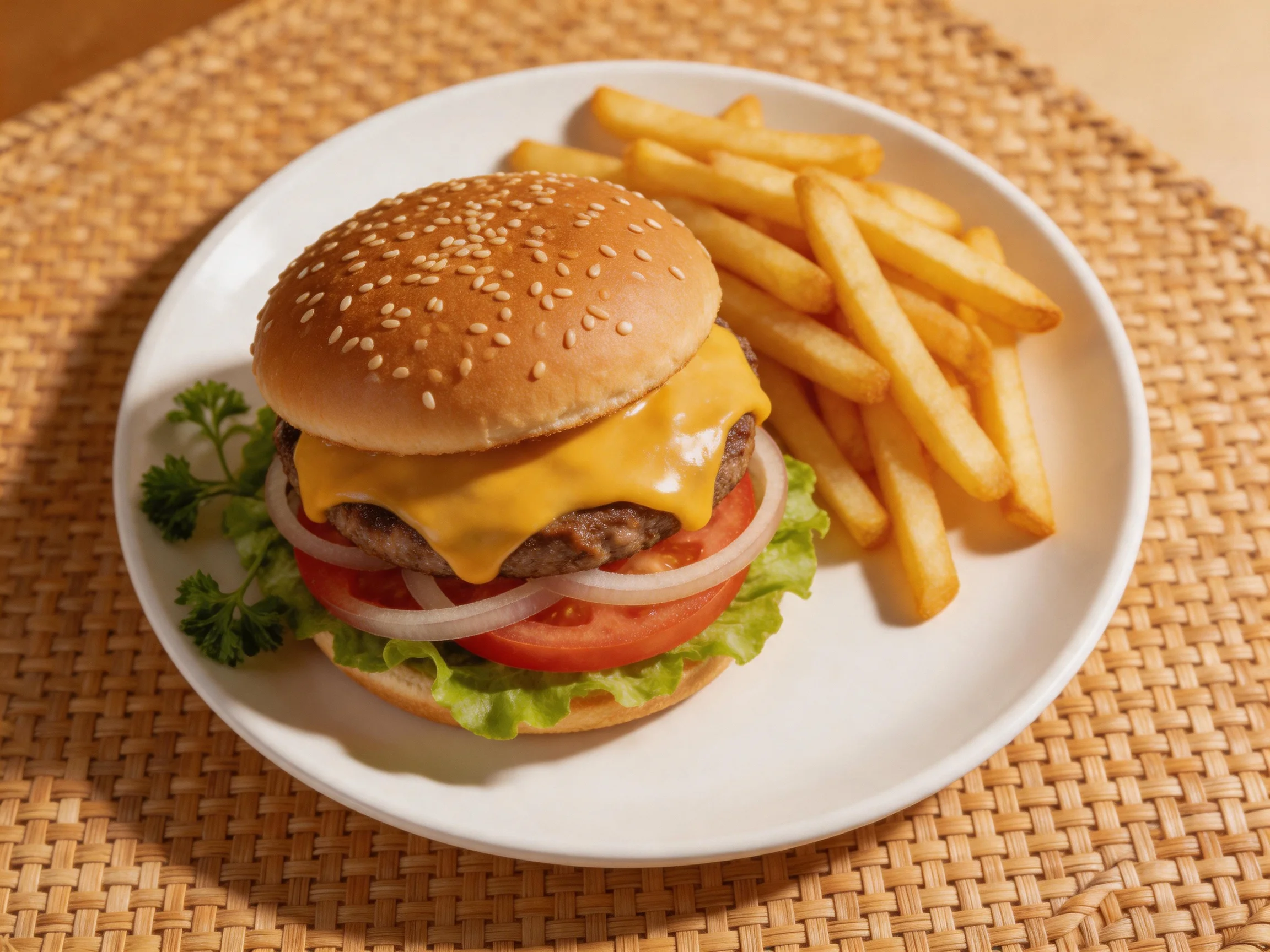 Sesame Seed Cheeseburger with Fresh Veggies and Golden French Fries