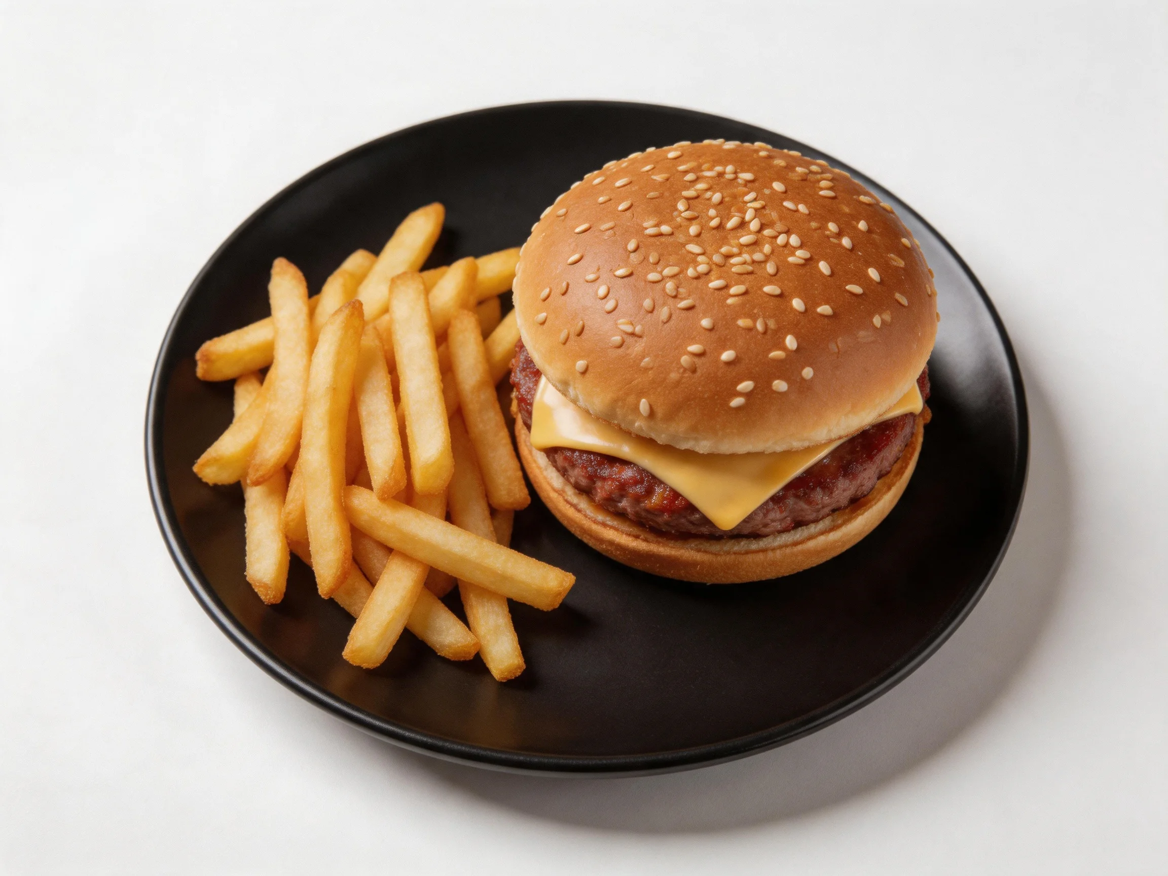 Sesame-Topped Cheeseburger and Golden French Fries on a Black Plate