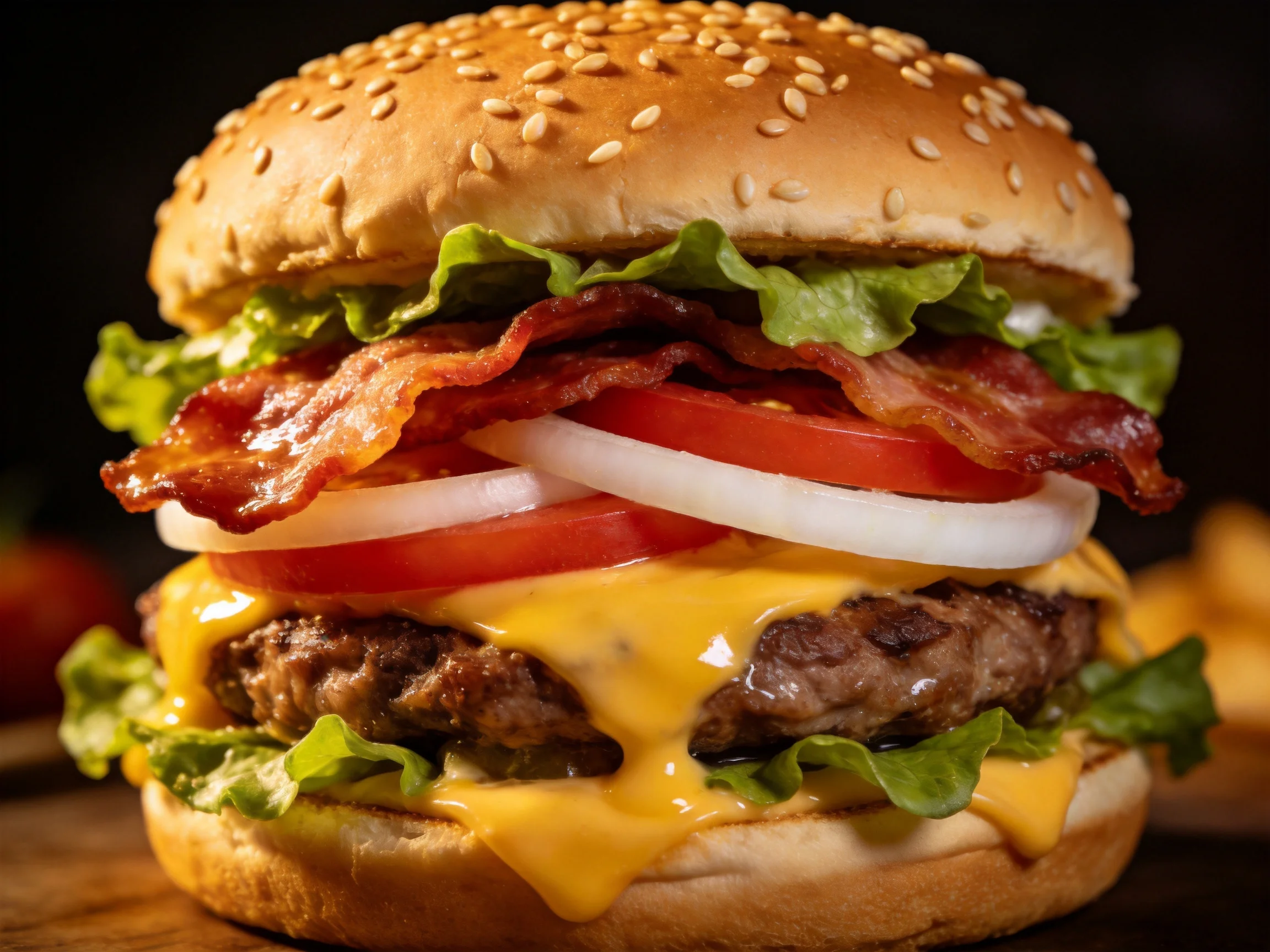 Sesame bun burger with crispy bacon, fresh veggies, and melted cheese