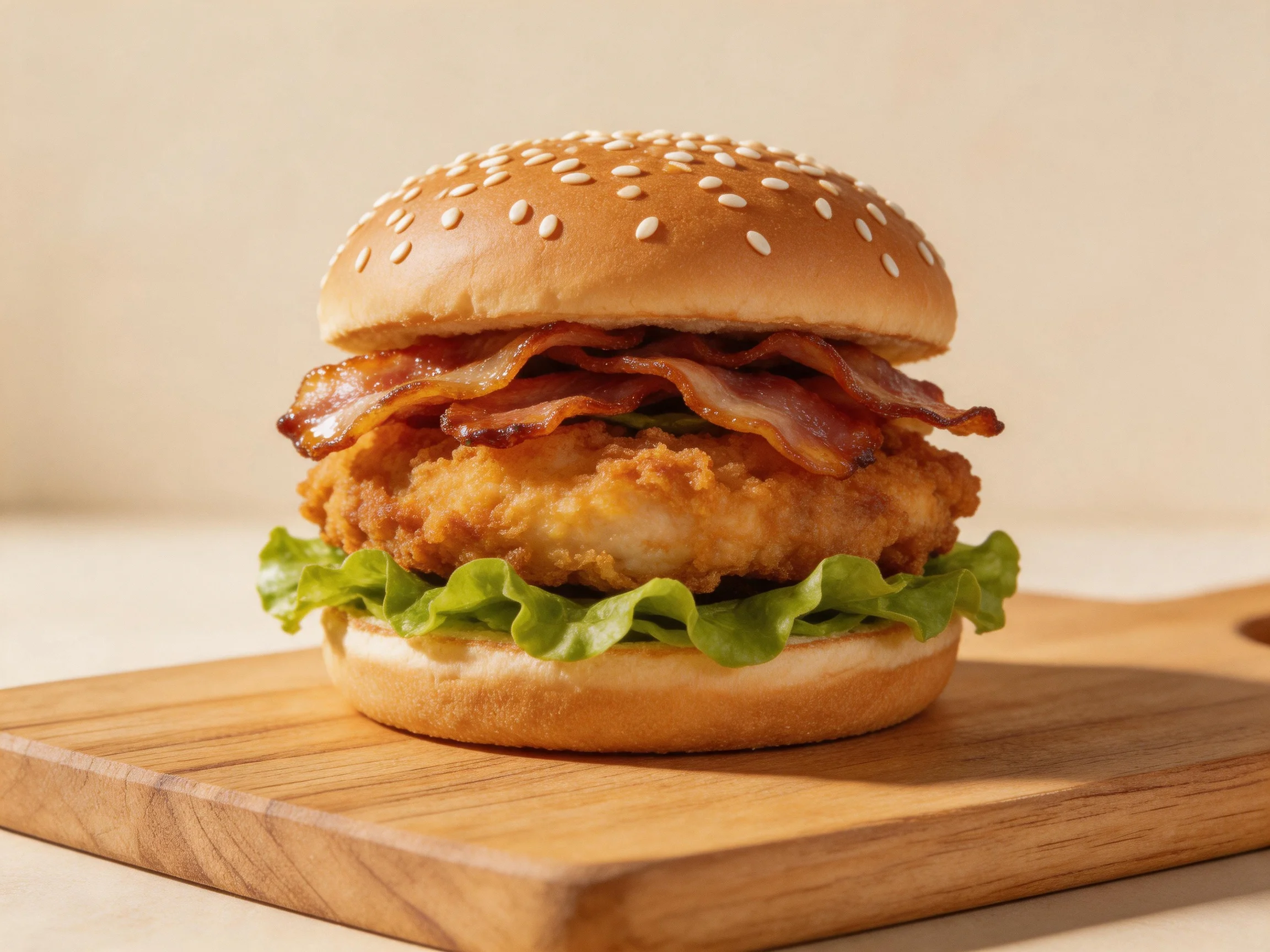 Sesame bun burger with crispy chicken, bacon, and fresh lettuce