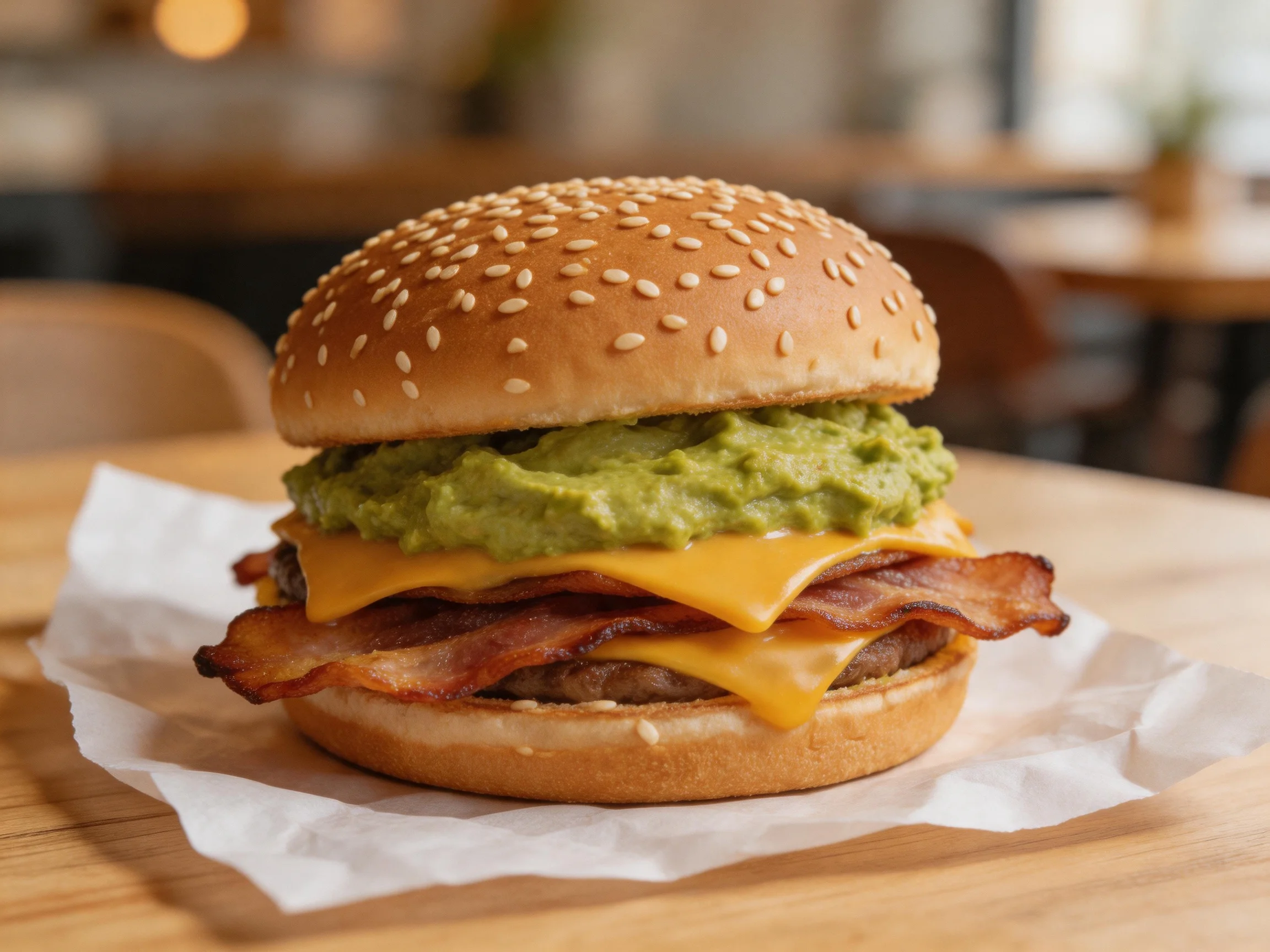 Sesame bun burger with guacamole, cheese, and bacon