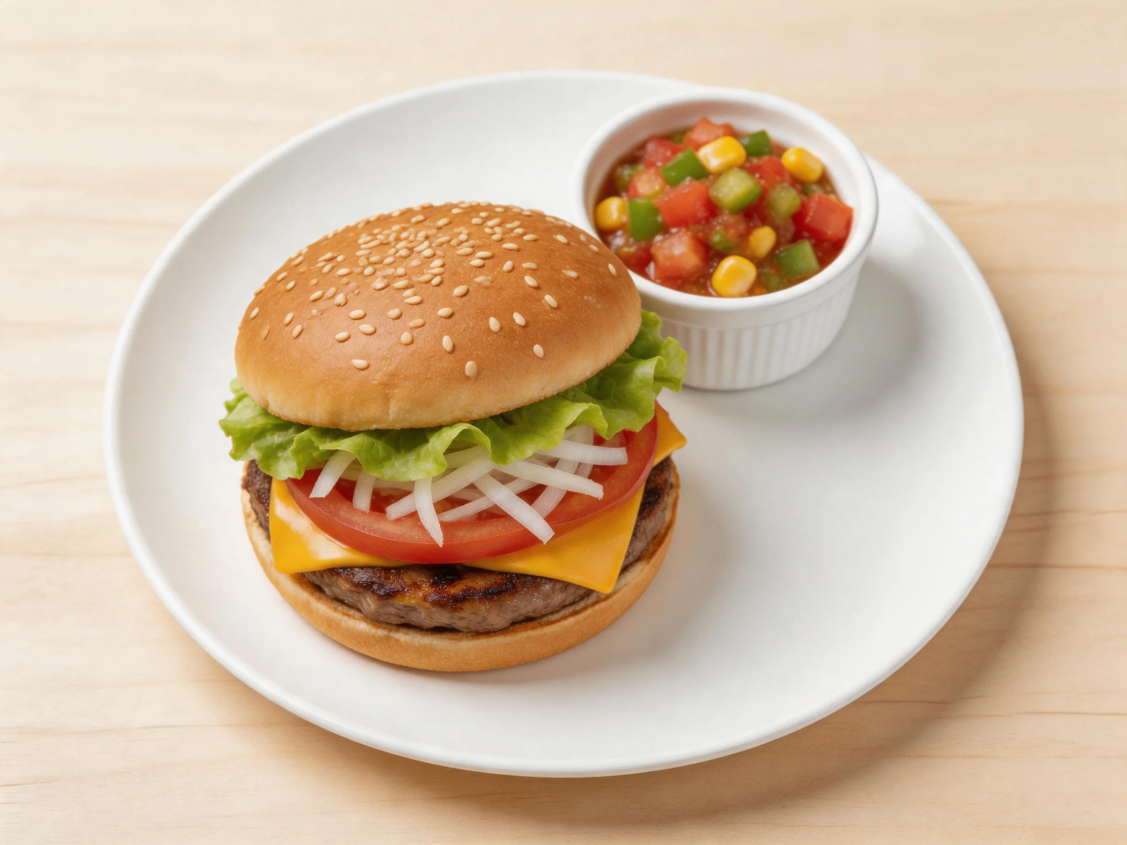 Sesame bun burger with layered veggies beside a colorful salsa dish