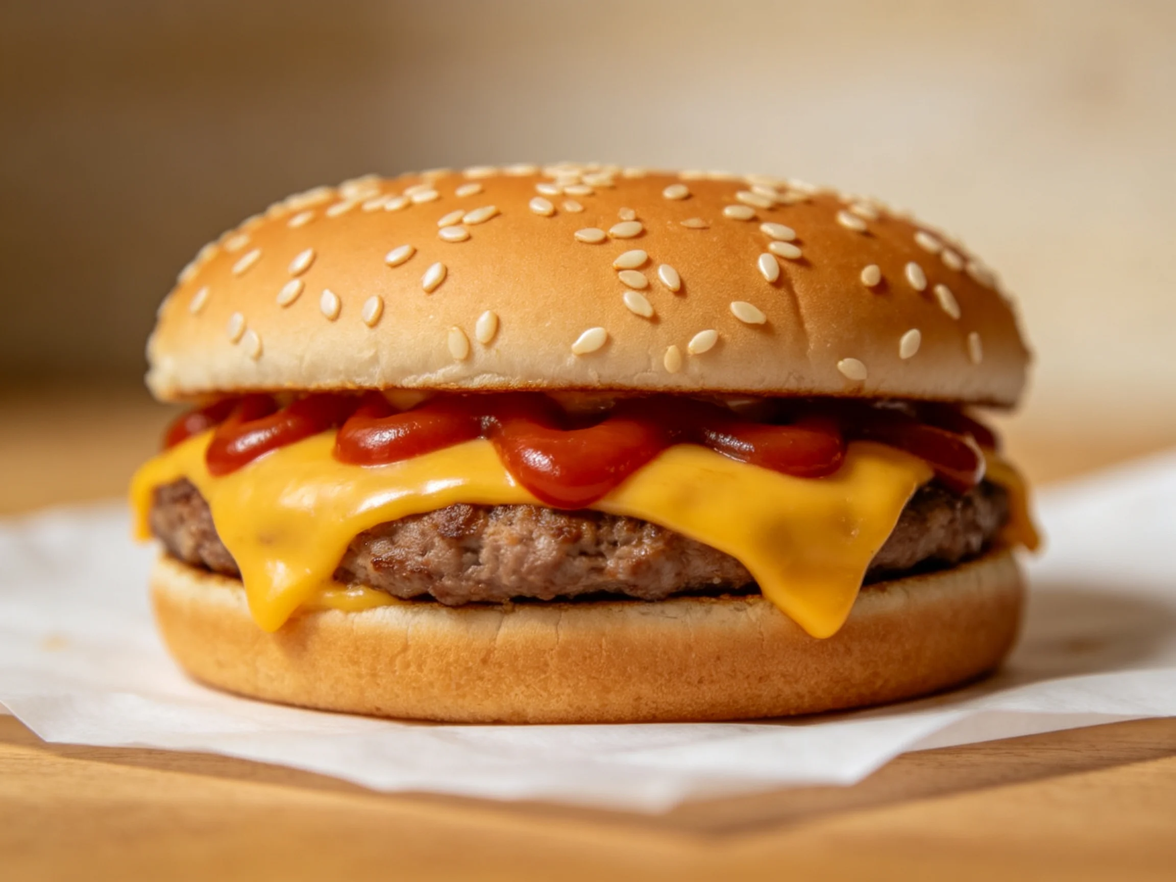 Sesame bun burger with melted cheese, ketchup, and beef patty