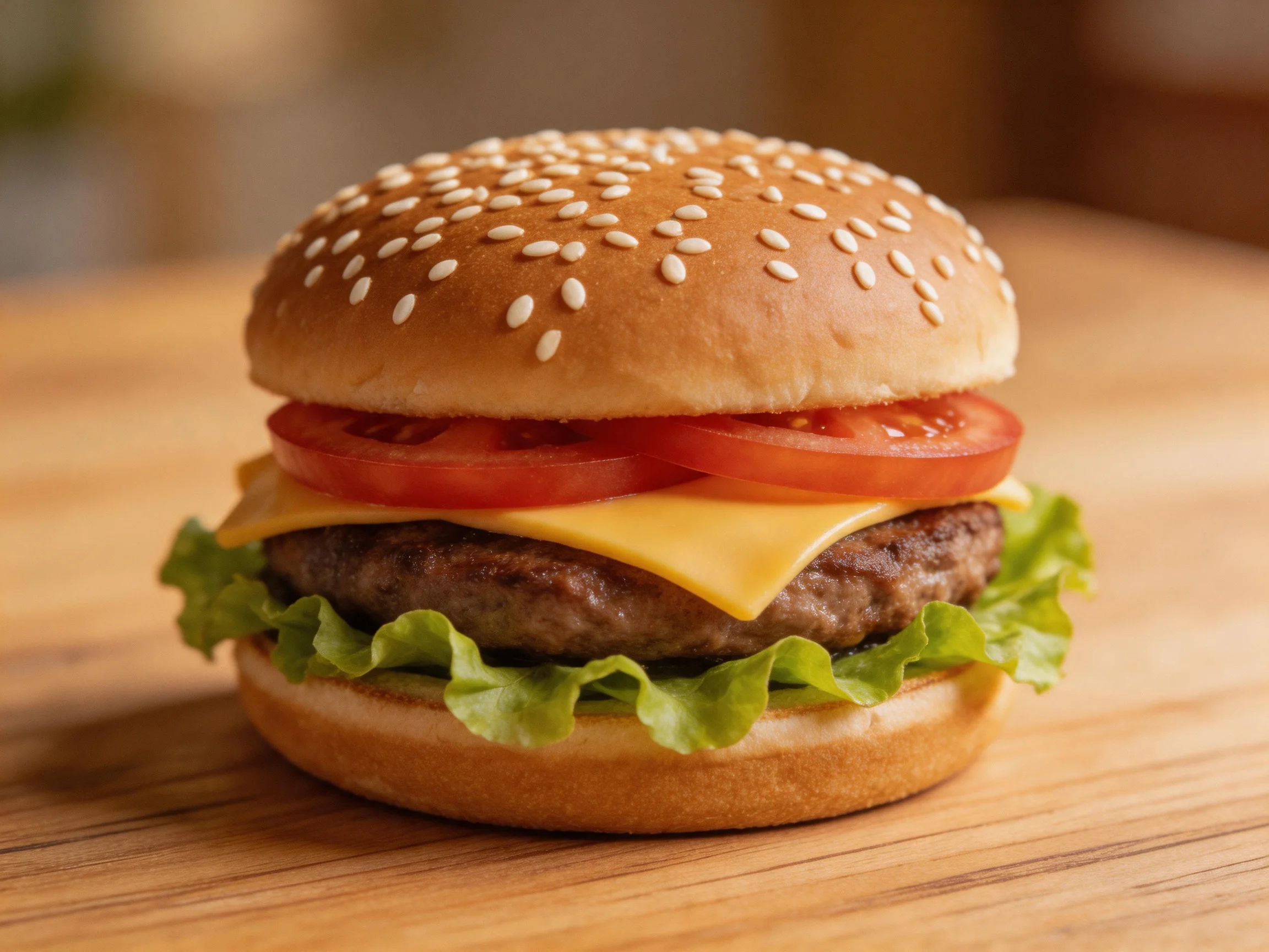 Sesame bun burger with tomato, cheese, lettuce, and beef
