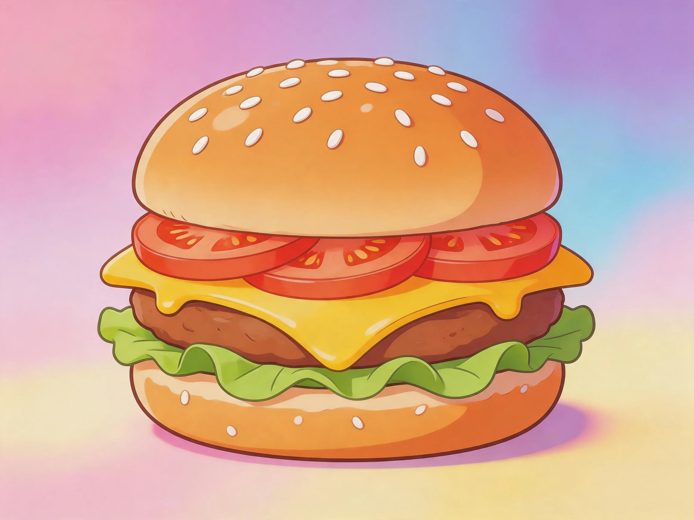 Sesame bun burger with tomato, cheese, lettuce, and beef