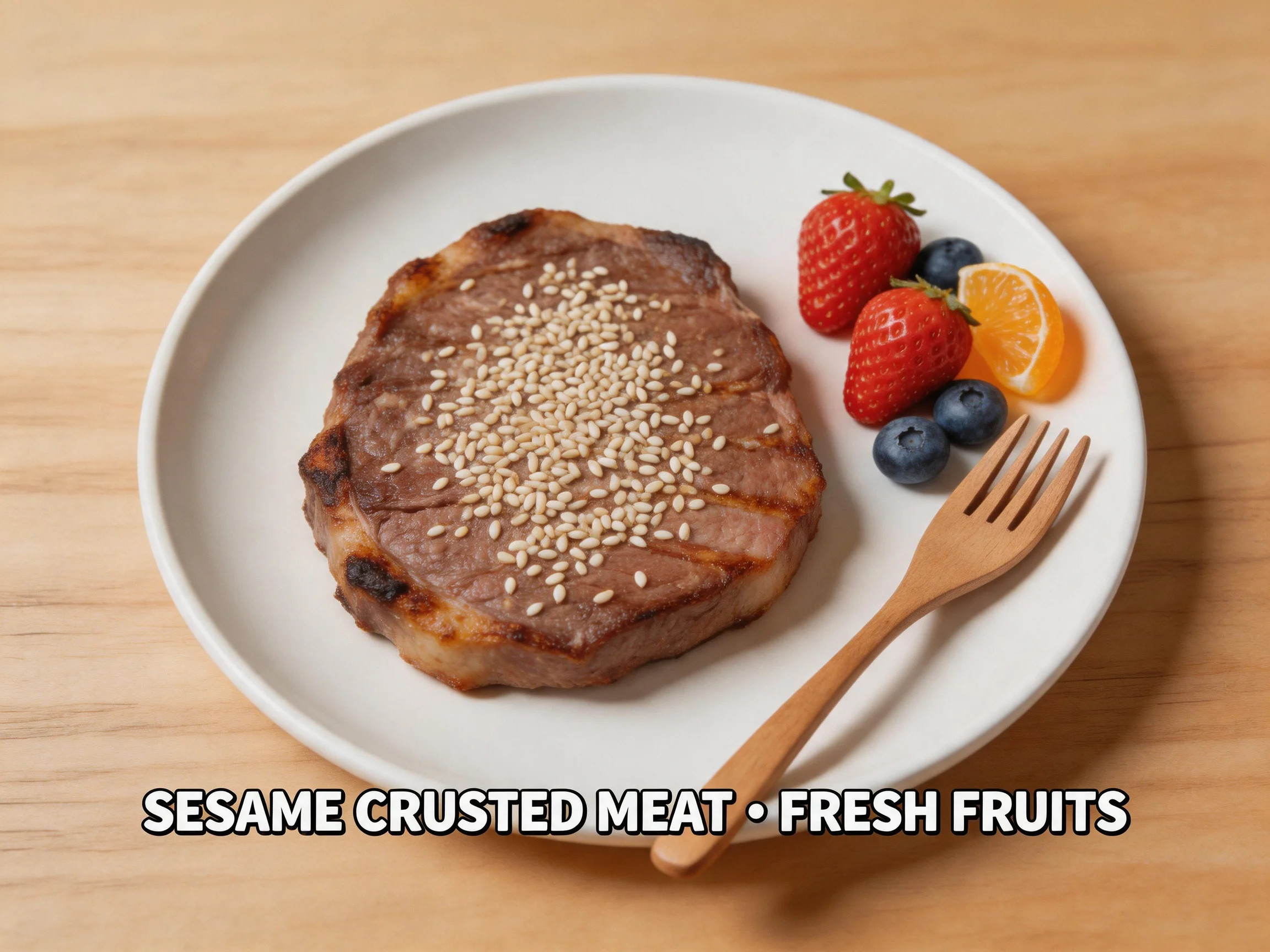 Sesame-crusted steak served with strawberries, blueberries, and orange slices on a white plate